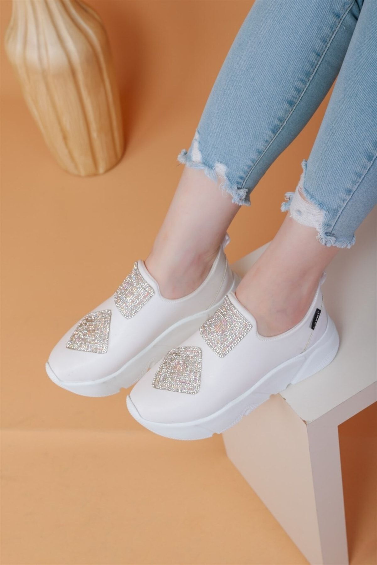 layki-Immobile White Color Front Shiny Stone Parachute Fabric Lux Women's Sneakers 5
