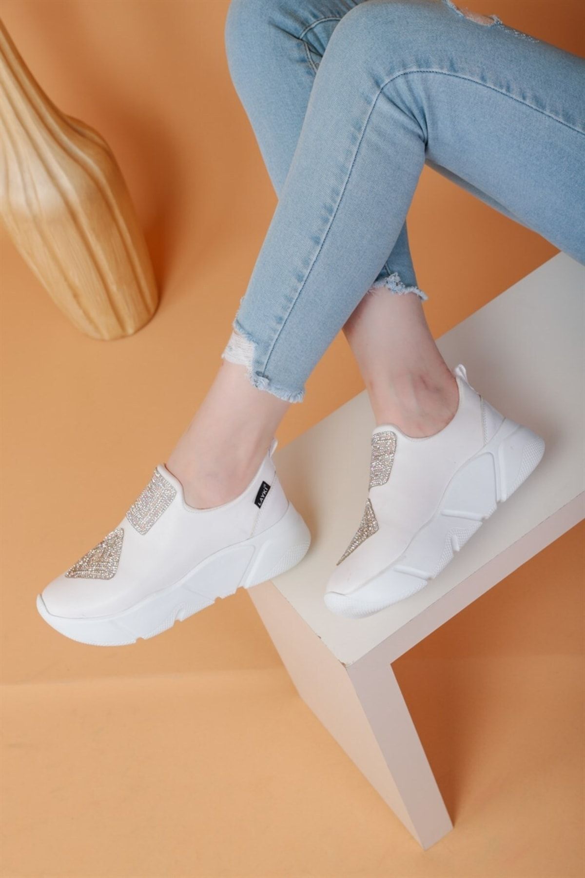 layki-Immobile White Color Front Shiny Stone Parachute Fabric Lux Women's Sneakers 6