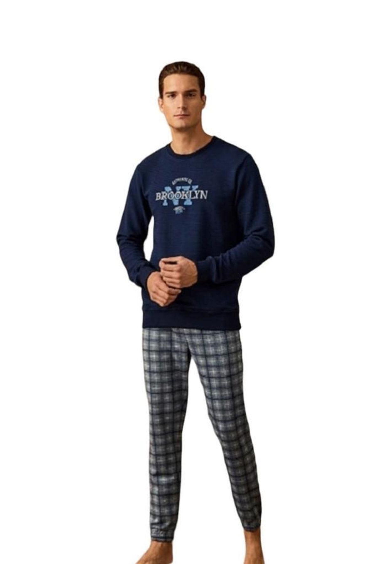 Poleren Sıfır Yaka Pamuklu Kareli Kalın Erkek Pijama Takım