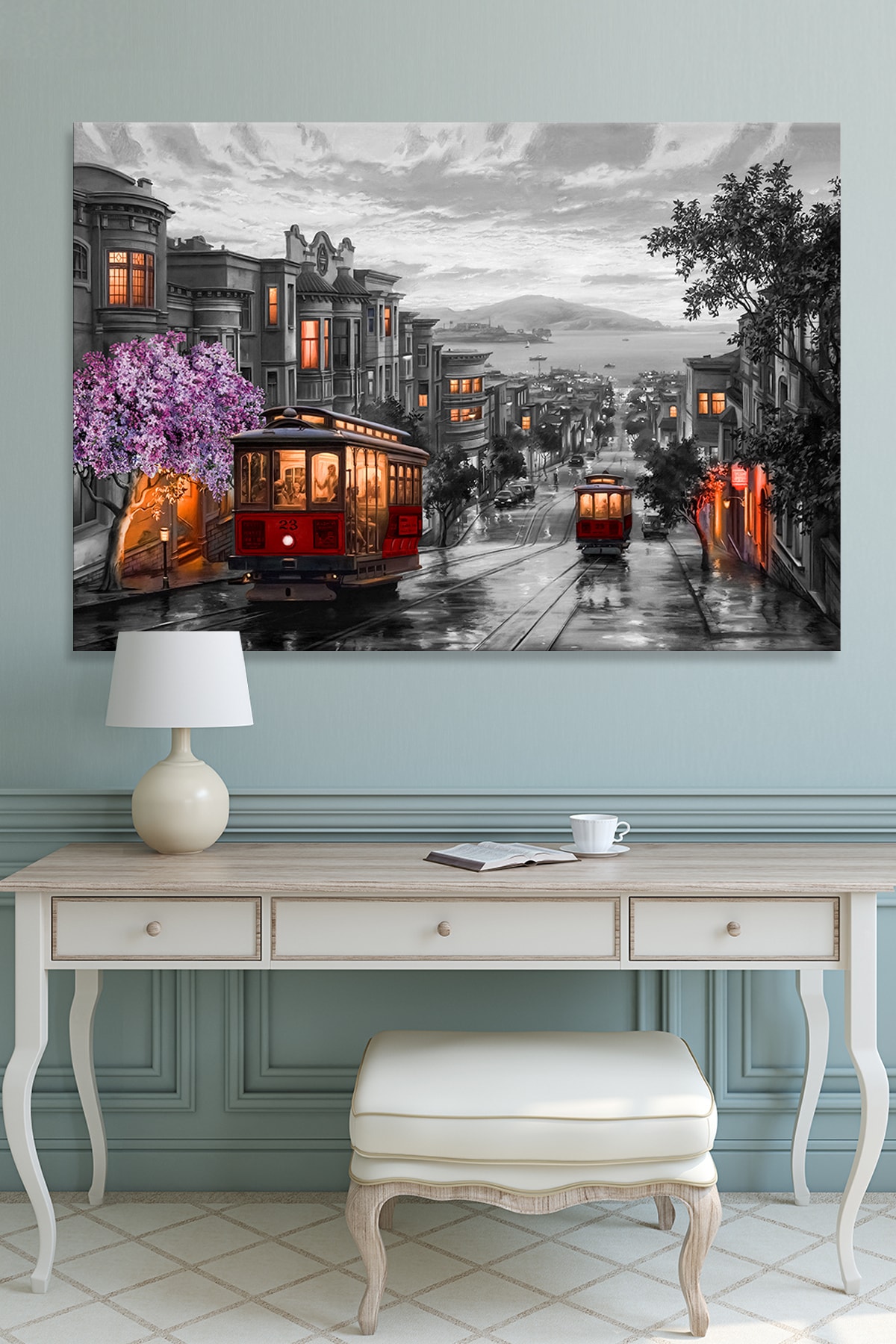 San Francisco Downtown Tramvay Şehir Yaşam Dekaratif Kanvas Tablo (7 Farklı Ölçü)