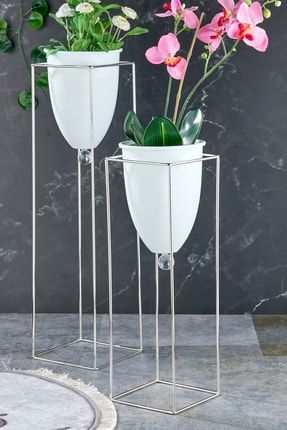 Gümüş Renkli 2'li Büyük Ayaklı Vazo, Çiçeklik savas-vazo-duz-silver-beyaz