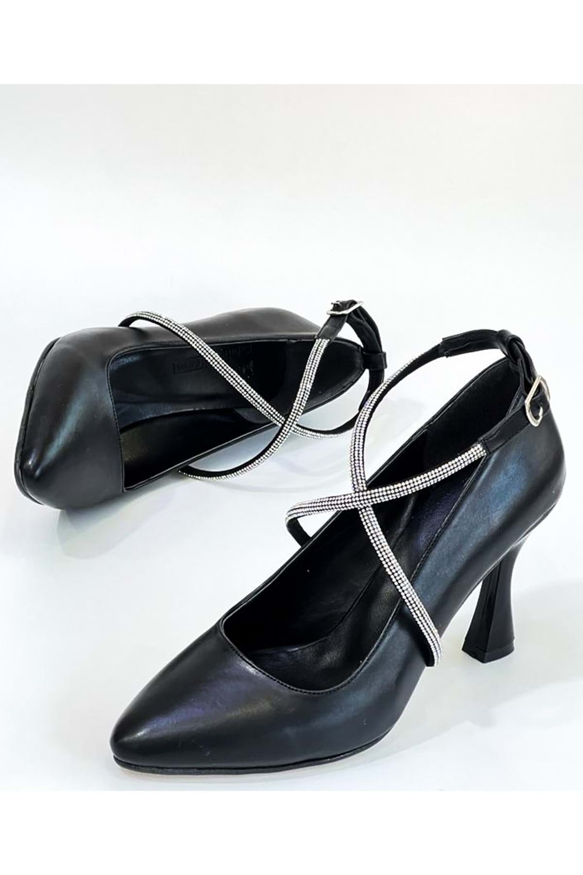 bulutmod Siyah Kadın Taşlı Bilekten Dolamalı Stiletto Topuklu Ayakkabı - Siyah - 39