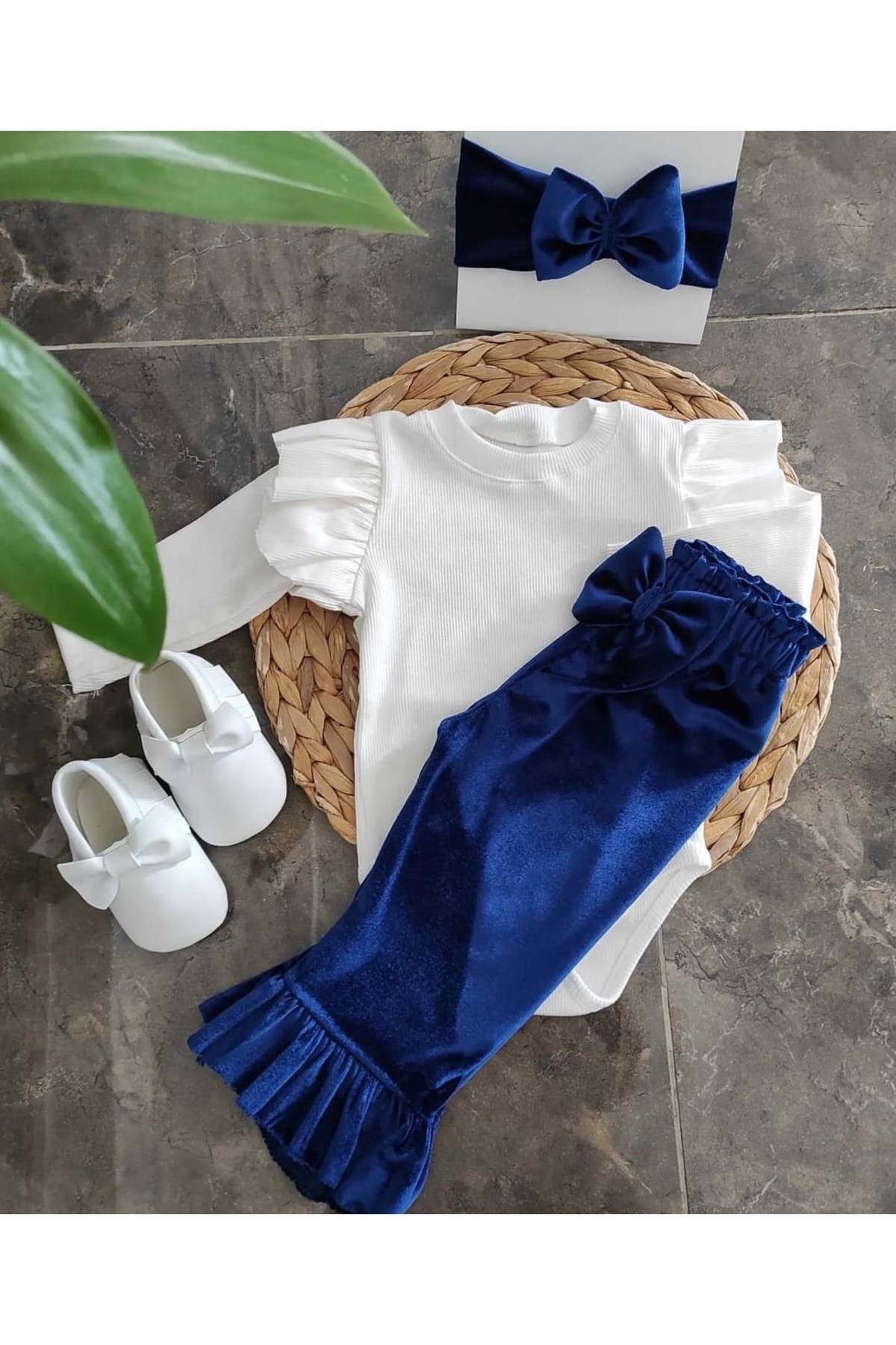 Kız Çocuk Ispanyol Paça Kadife Pantolon Badi Ve Bandana Takımı ISPNYL-1231 - AKİF GİYİM