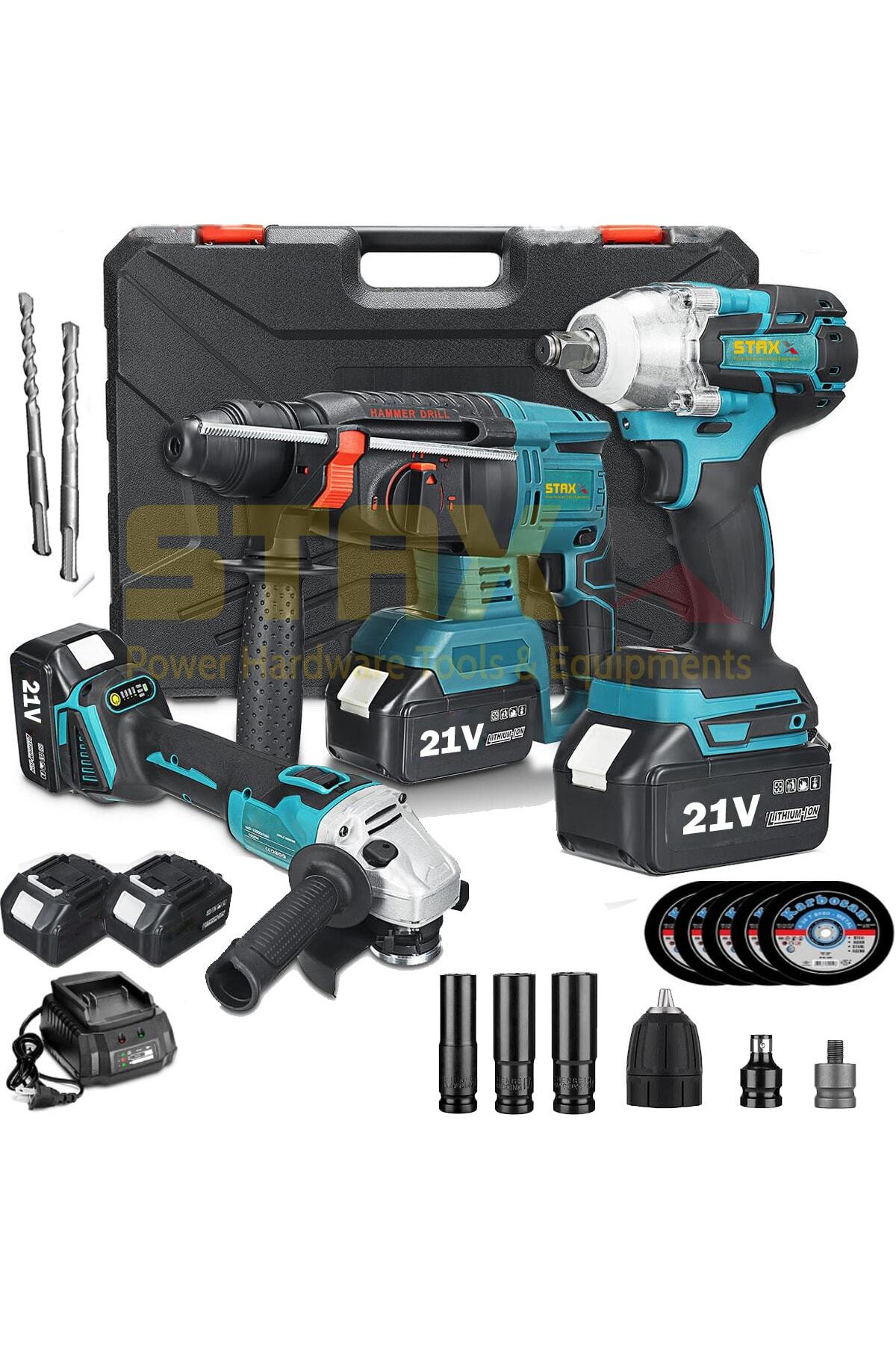 STAXX POWER American Lion Çift Akülü 21v 3ah 3'lü Mega Set Kırıcı Delici + Somun Sıkma + Taşlama Makinesi 125 mm