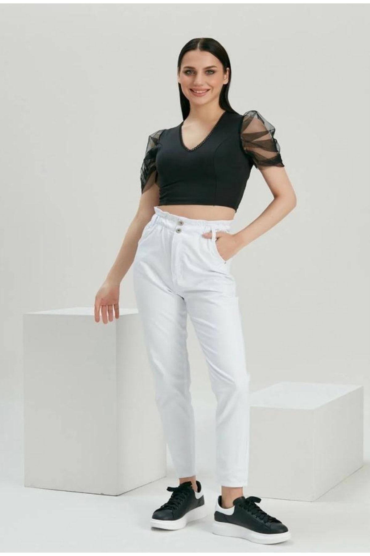 LAMİRA-Women's Snow White Elastic Waist Boyfriend Jeans Pants with Drawstring Waist Mom Jean 2