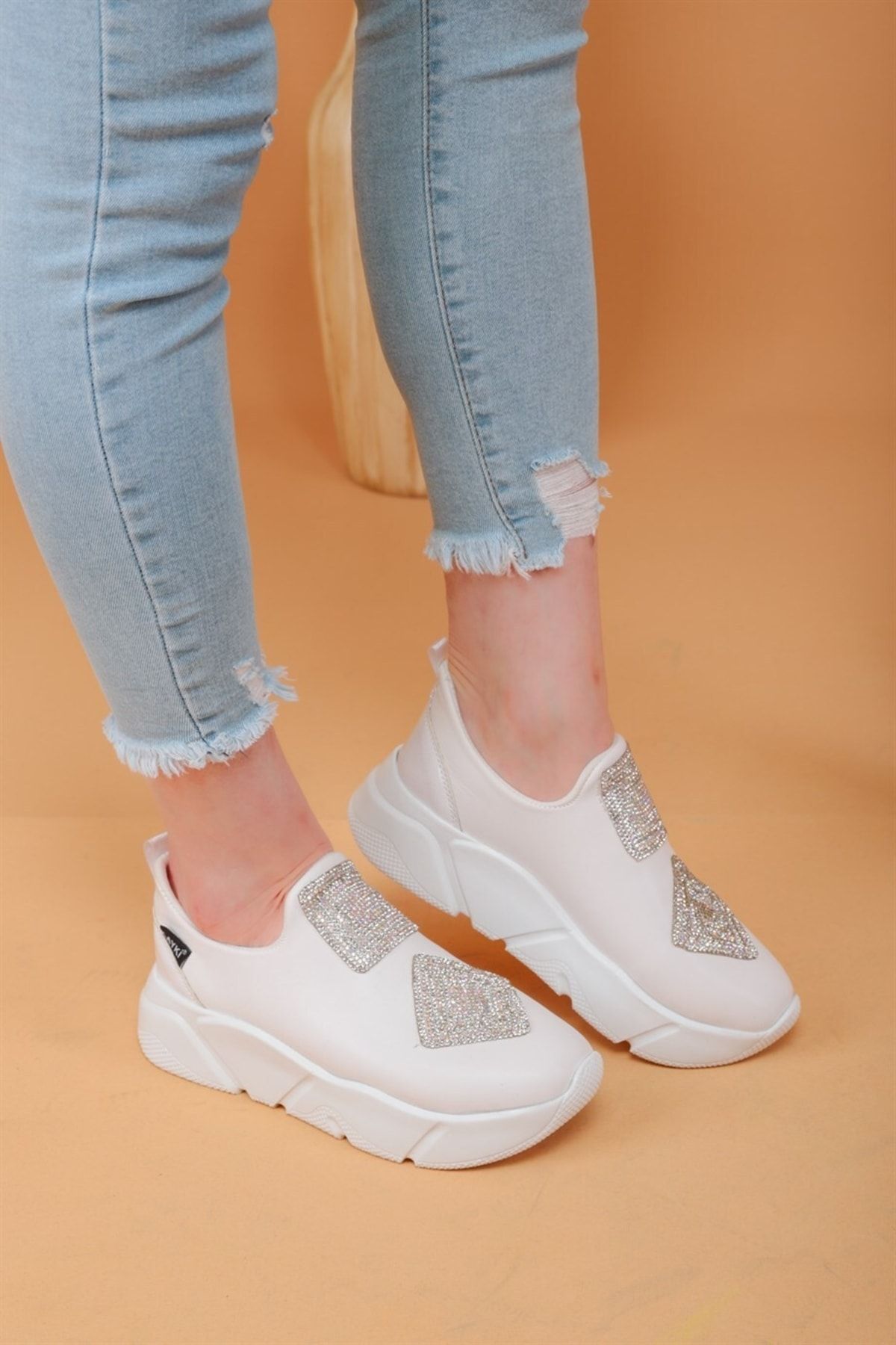 layki-Immobile White Color Front Shiny Stone Parachute Fabric Lux Women's Sneakers 1