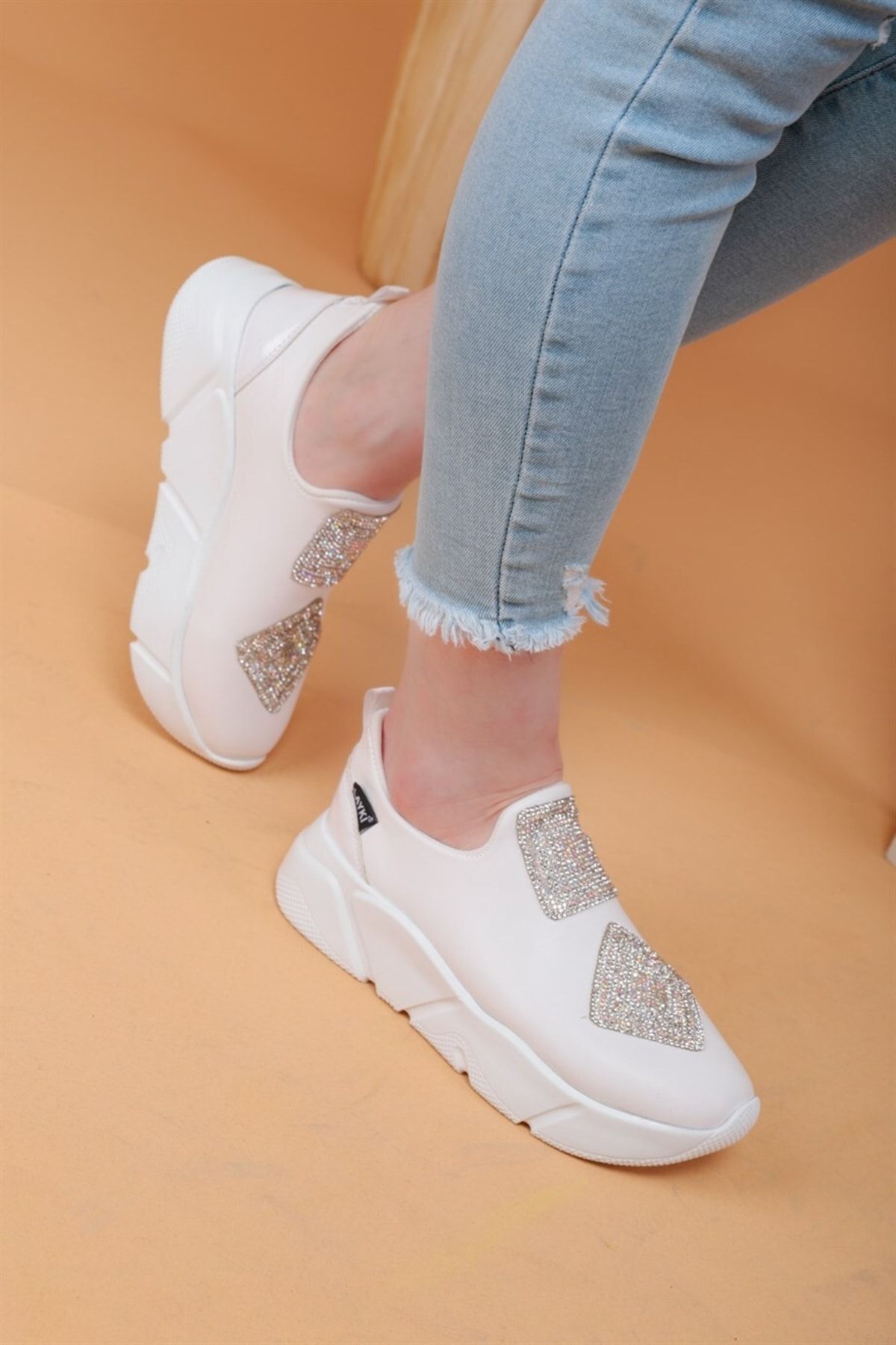 layki-Immobile White Color Front Shiny Stone Parachute Fabric Lux Women's Sneakers 3