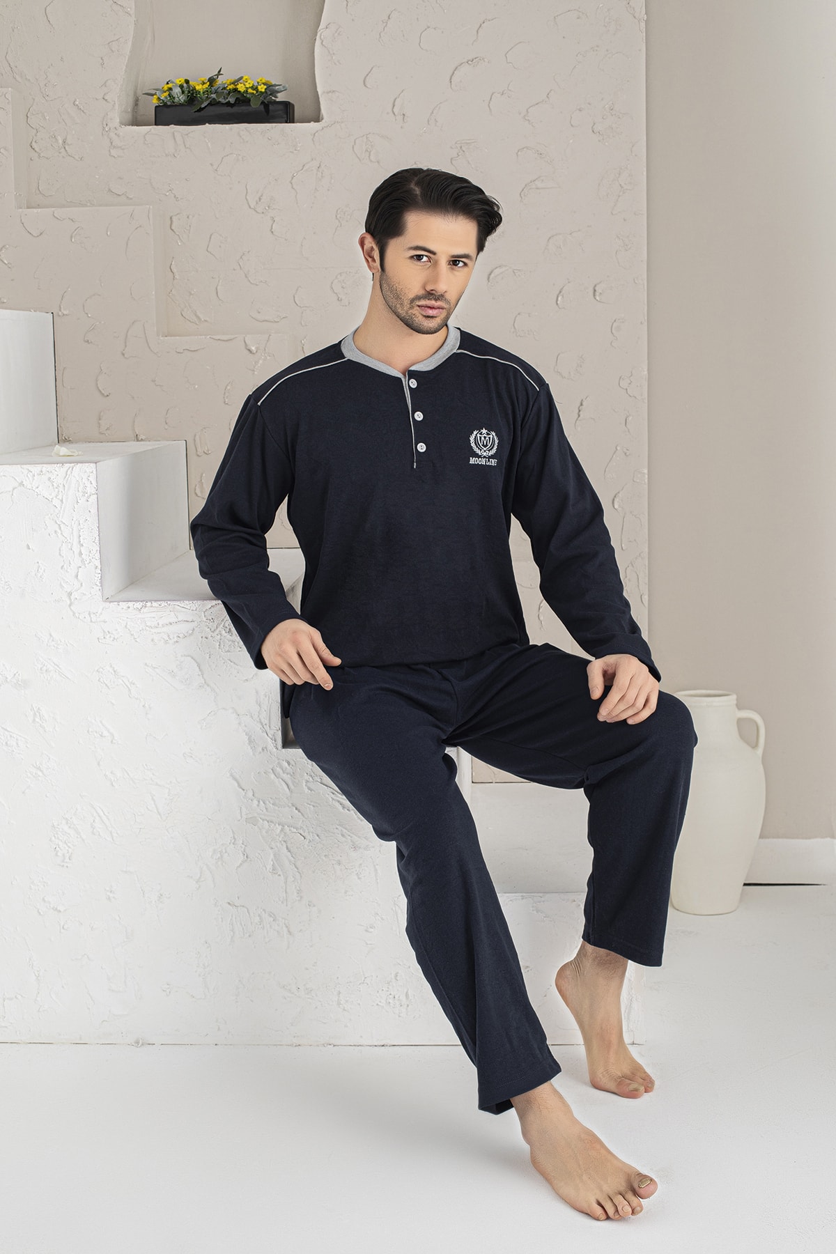 MİRELLA Erkek Lacivert M Armalı Uzun Kollu Süprem Kumaş Örme Pijama Takımı