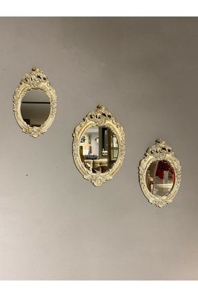 Üçlü Dekoratif Ayna Krem Eskitme Duvar Obje Krem Üçlü Ayna PM0093