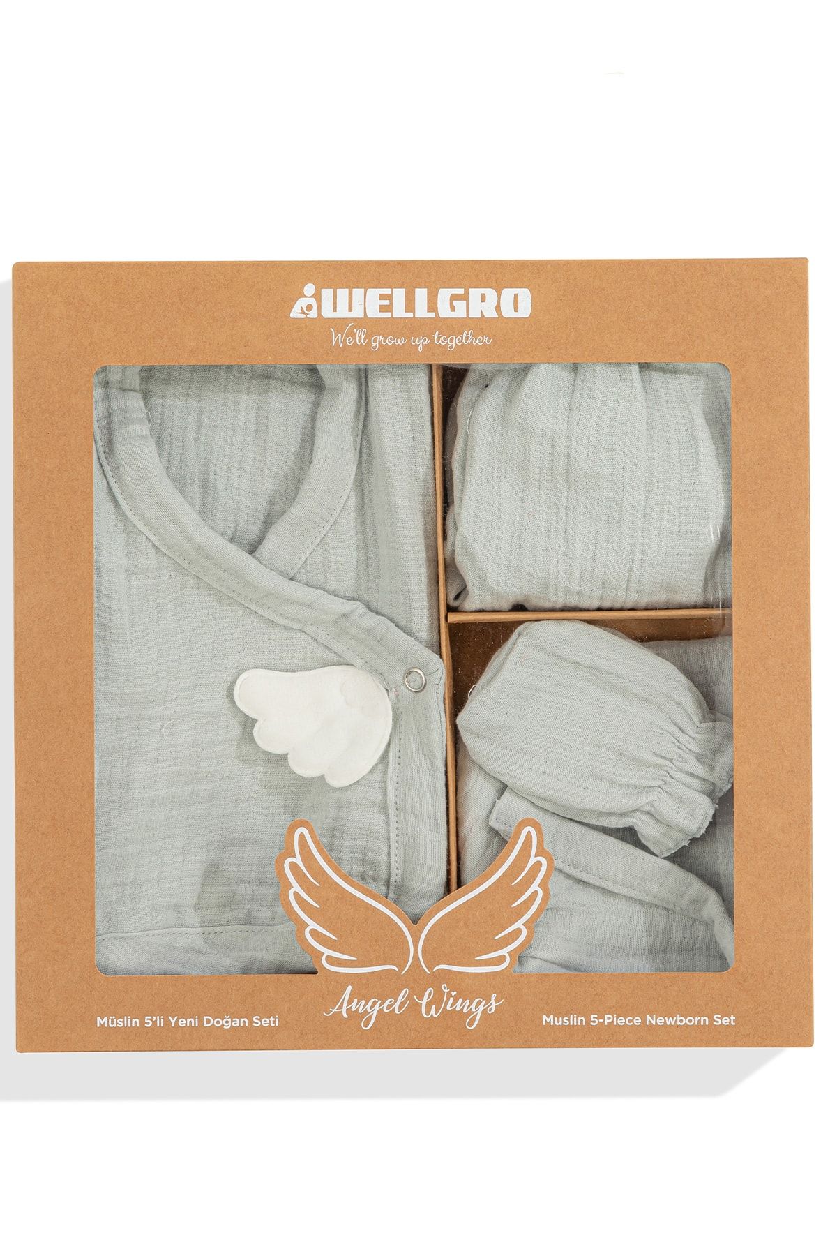 Муслиновый комплект из 5 предметов для новорожденных Wellgro Angel Wings, серый 8682431623908