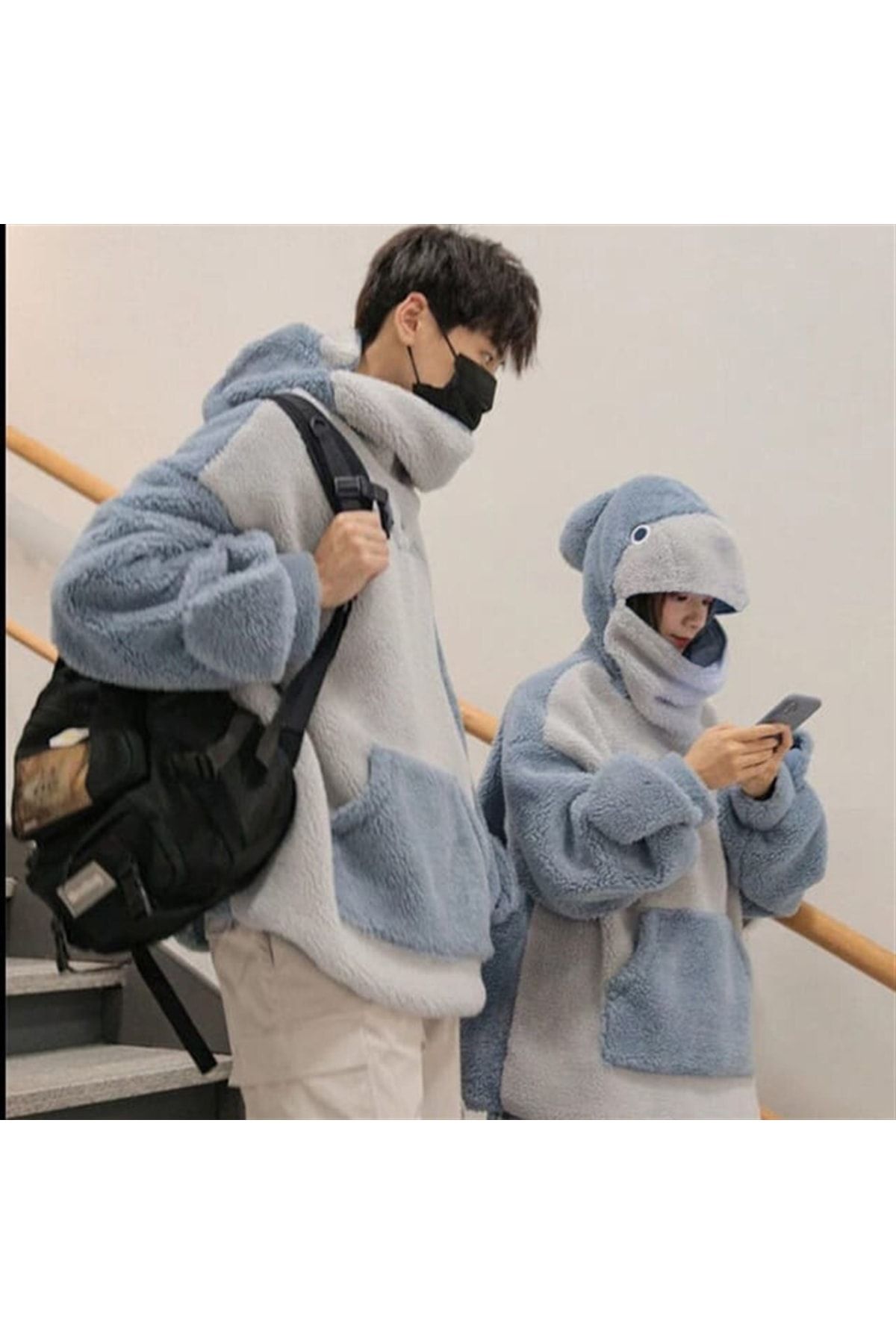 Violon Harajuku Mavi Eldivenli Kapüşonlu Shark Style Unisex Oversize Peluş