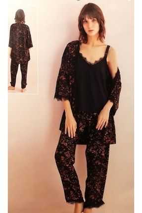 Kadın Kahverengi Siyah 3'lü Sabahlık Pijama Takımı 7007-15