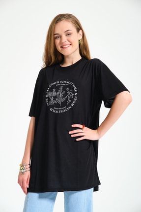 Nature Baskılı Siyah Rahat Kalıp T-shirt M2YT1030180017