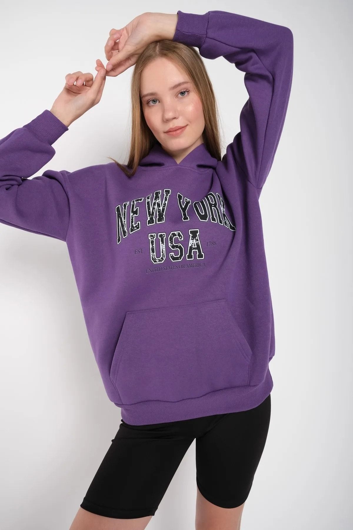 MODAGEN Women's Red New York USA Printed Hooded Oversize Sweatshirt -  Trendyol