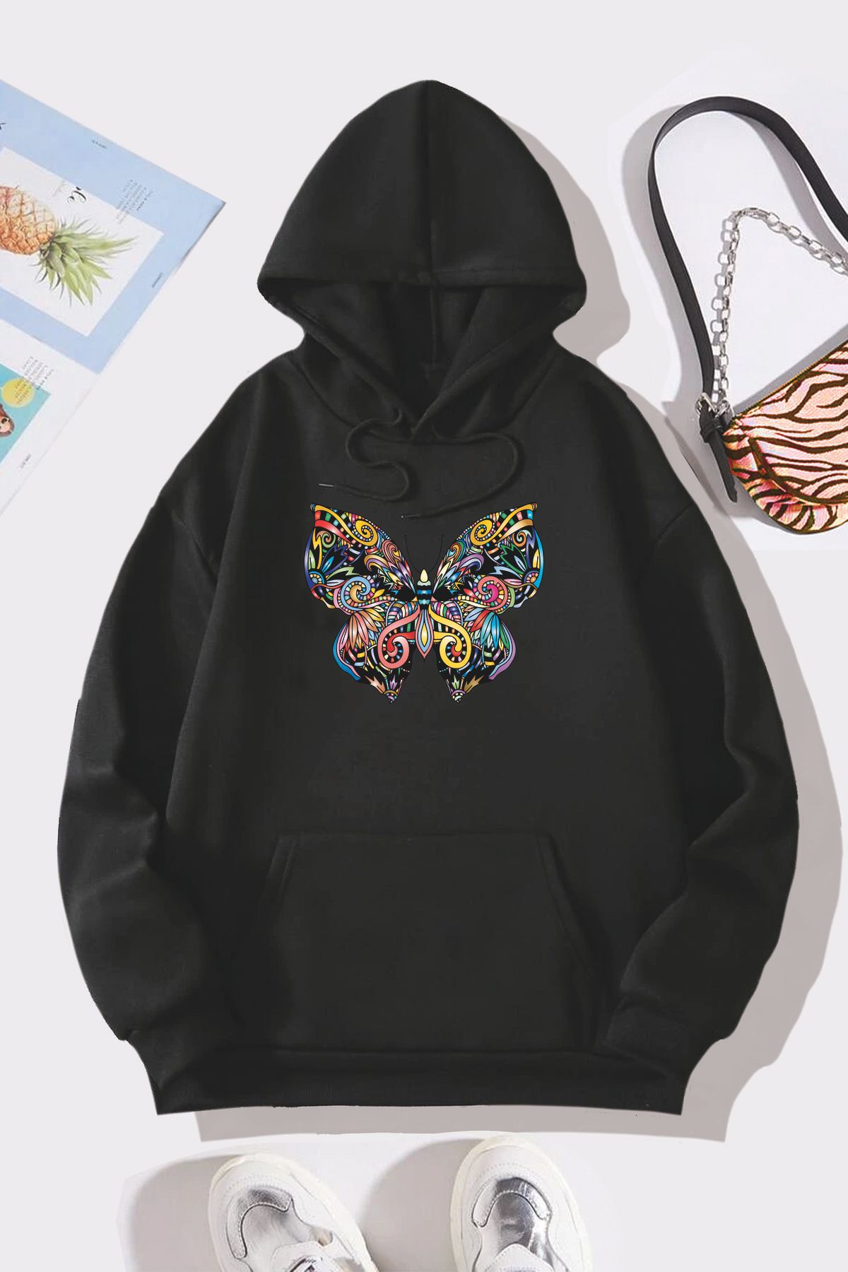 SENOLON Oversize Black Butterfly Printed Hooded Sweatshirt Hoodie