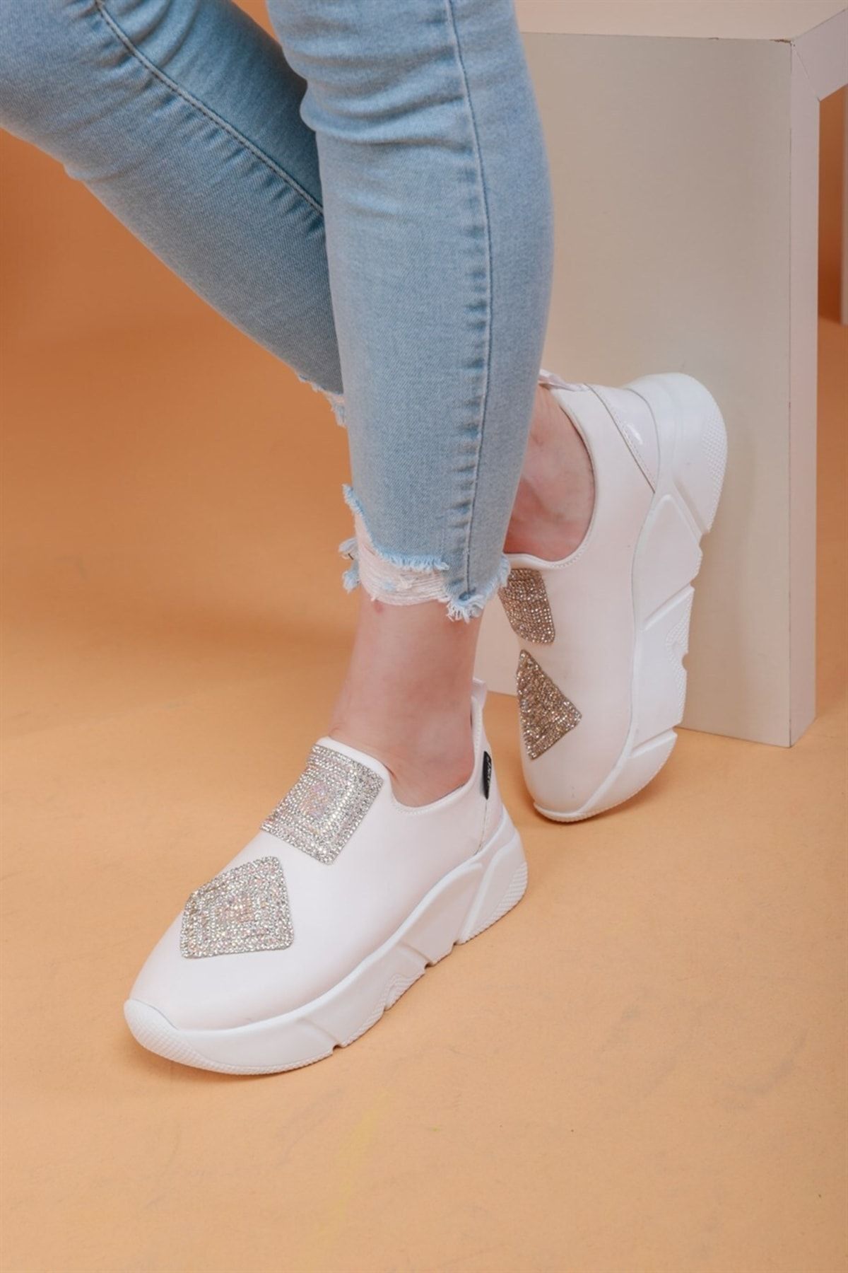 layki-Immobile White Color Front Shiny Stone Parachute Fabric Lux Women's Sneakers 4