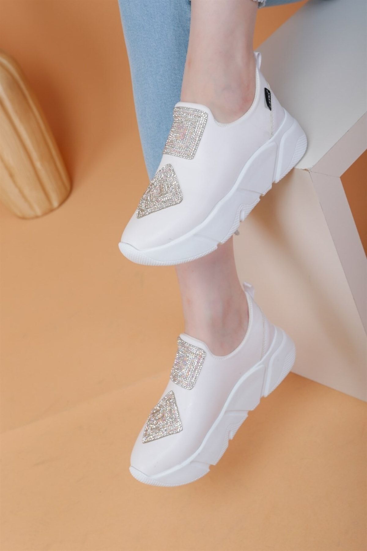 layki-Immobile White Color Front Shiny Stone Parachute Fabric Lux Women's Sneakers 7