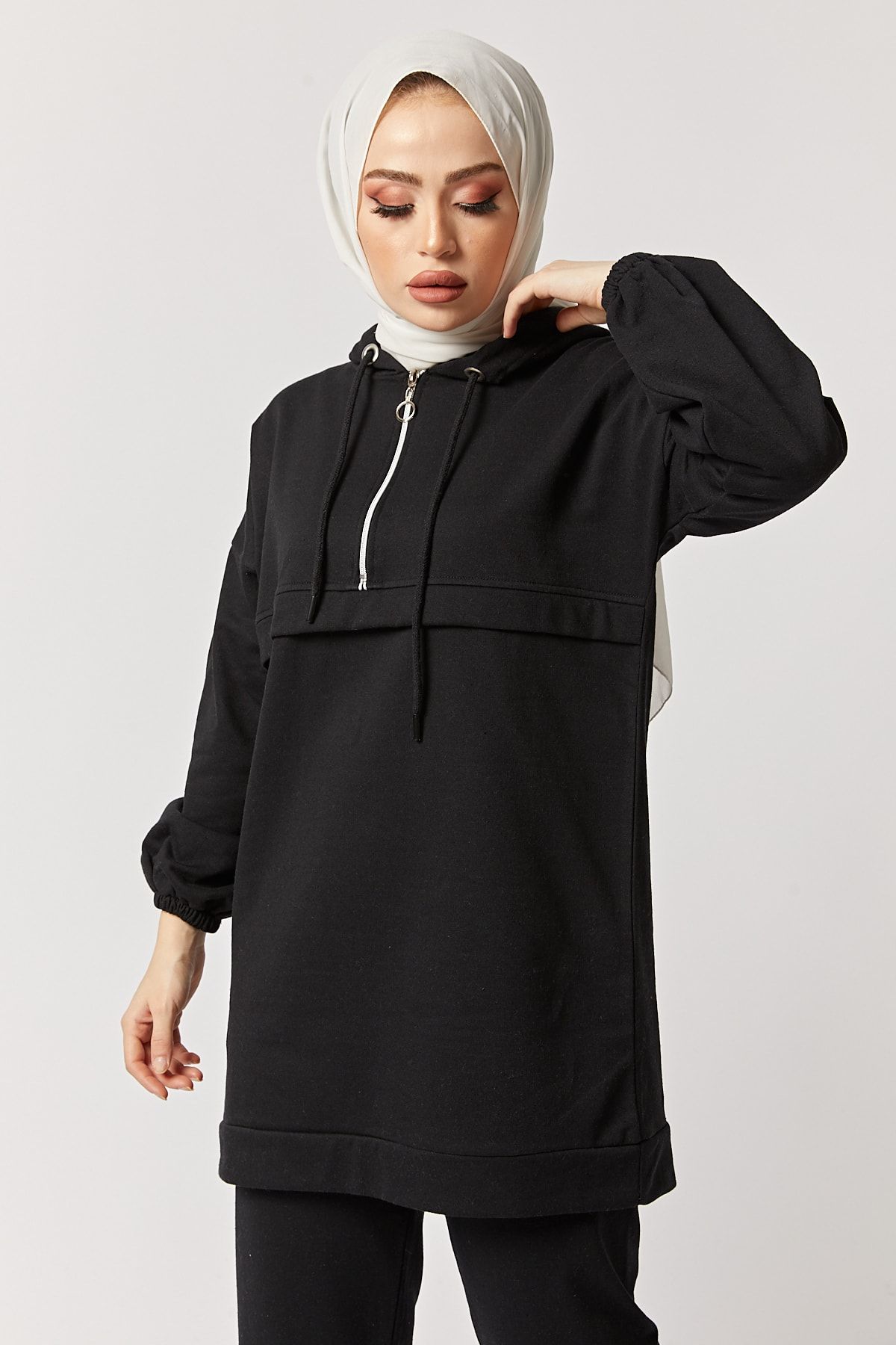 festmoda-بدلة رياضية مزدوجة نصف سحاب للسيدات باللون الأسود 7