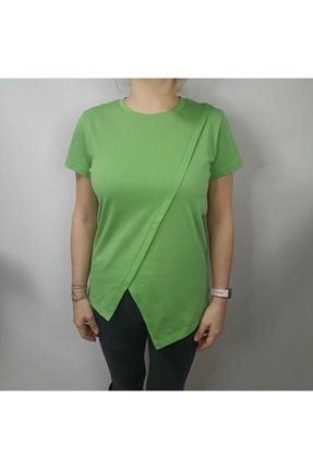 Kadın Yeşil Yuvarlak Yaka Kısa Kollu Tişört Eteği Asimetrik K-003