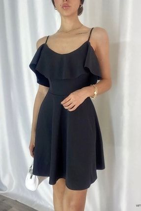 Siyah Krep Kumaş Volanlı Kloş Elbise DFX581815
