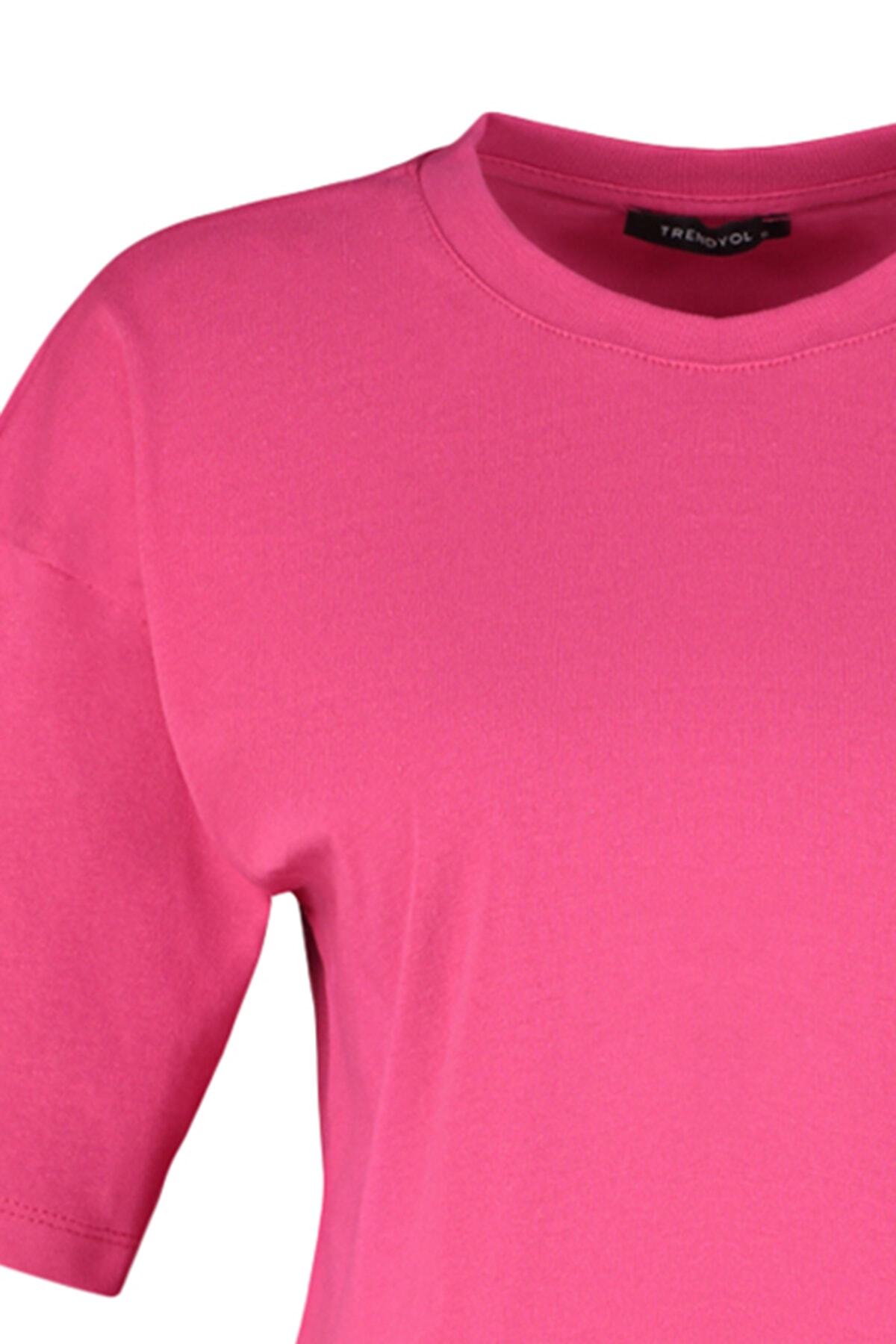 Trendyolmilla  Fuşya Relaxed/Rahat Kalıp %100 Kalın Pamuklu Crop Örme T-Shirt TWOSS23TS00038 - Görsel 7