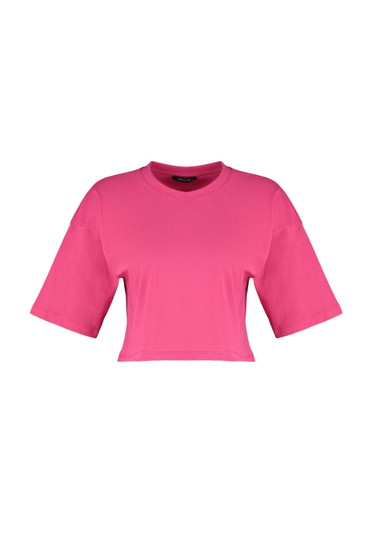 Trendyolmilla  Fuşya Relaxed/Rahat Kalıp %100 Kalın Pamuklu Crop Örme T-Shirt TWOSS23TS00038 - Görsel 6