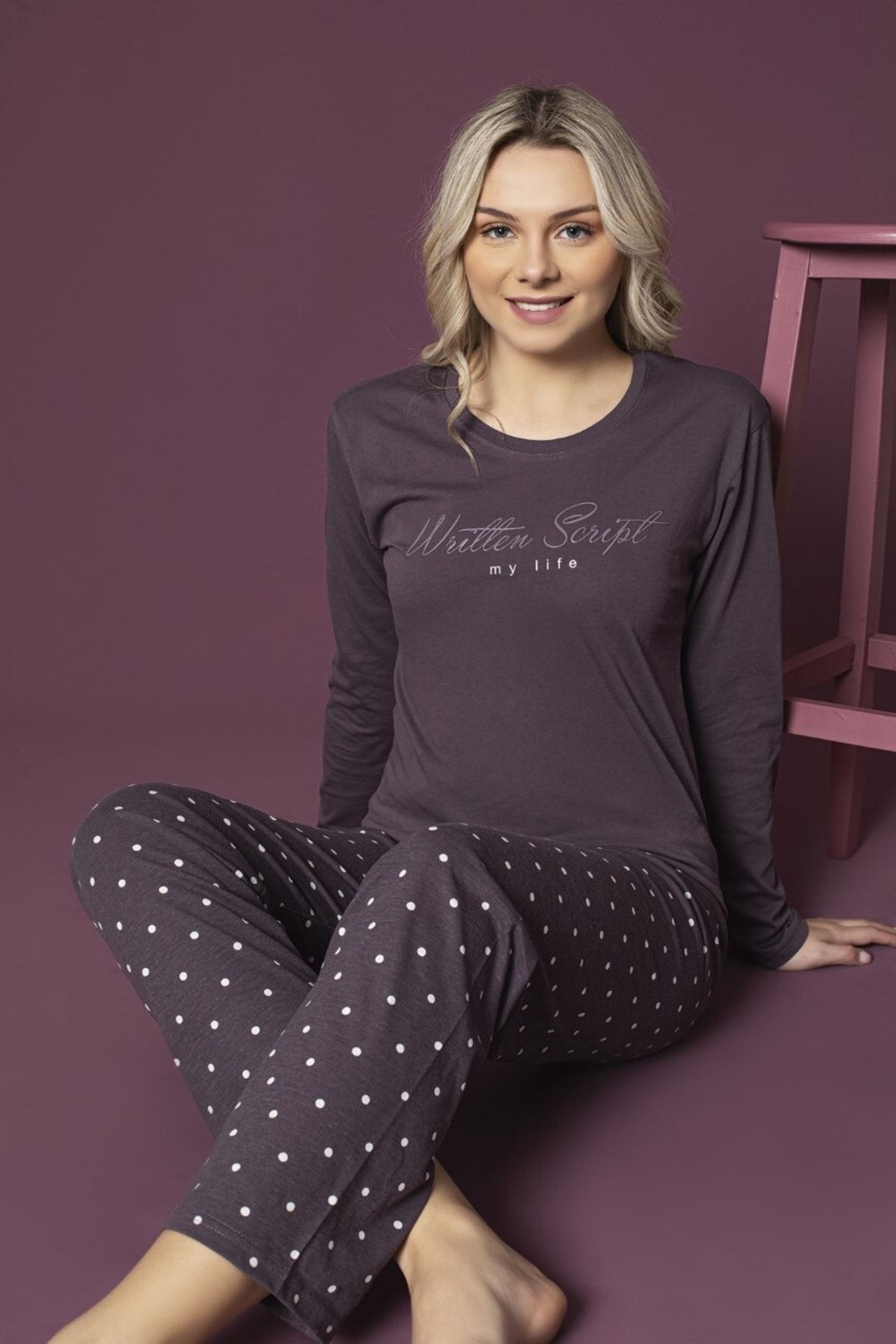 MİRELLA Kadın Mürdüm Punatiye Desenli Uzun Kollu Penye Kumaş Mevsimlik Pijama Takımı