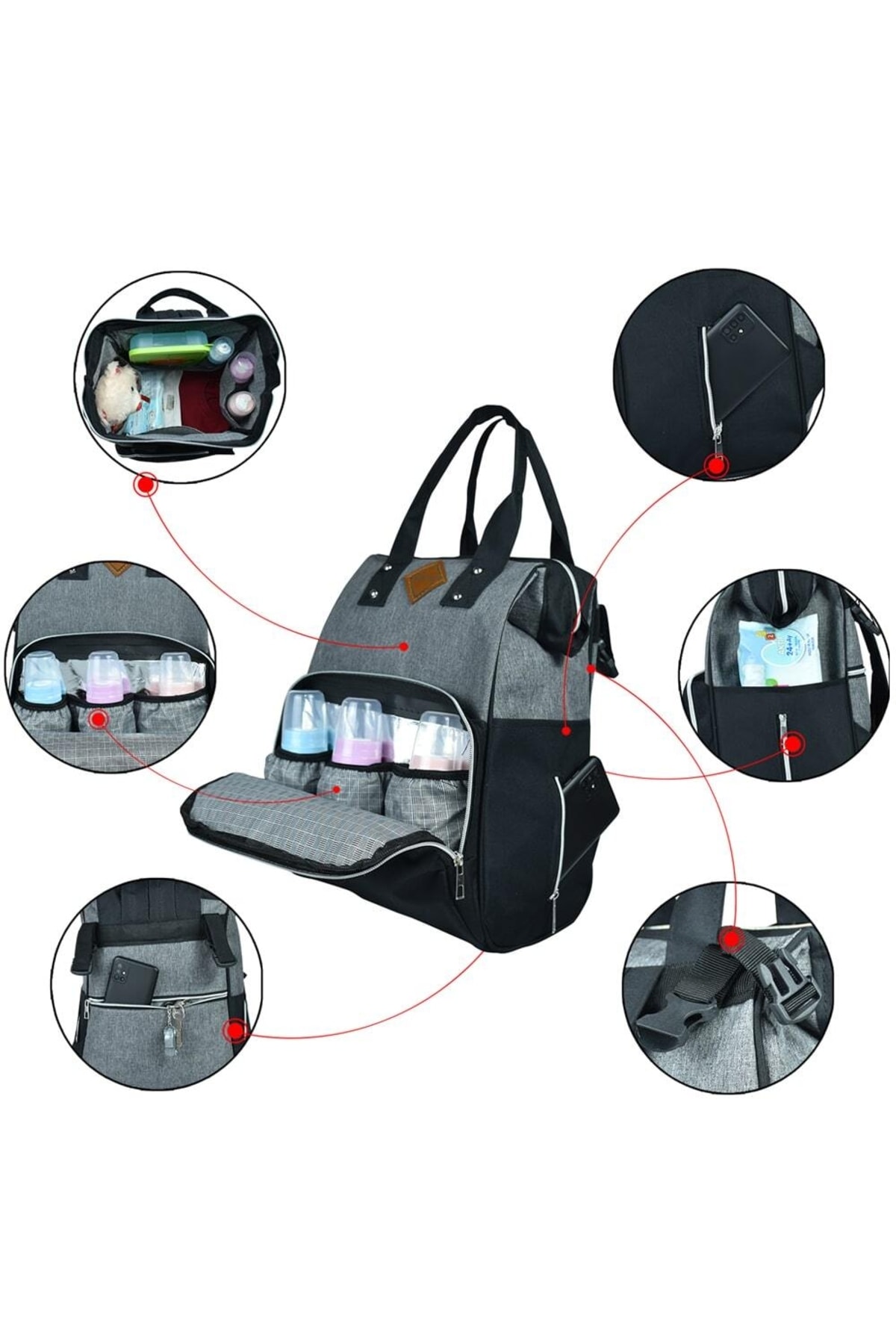 Bagimoo Anne Bebek Bakım Sırt Çantası Biberon Termoslu Sıvı Geçirmez Bebek Çantası Gri Siyah fotoğrafı 4 (önizleme)