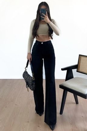 Siyah Wide Leg Etkili Fermuarlı Süper Yüksek Bel Jeans Salaş Kot Pantolon ( Solmaz Kumaş) 3529