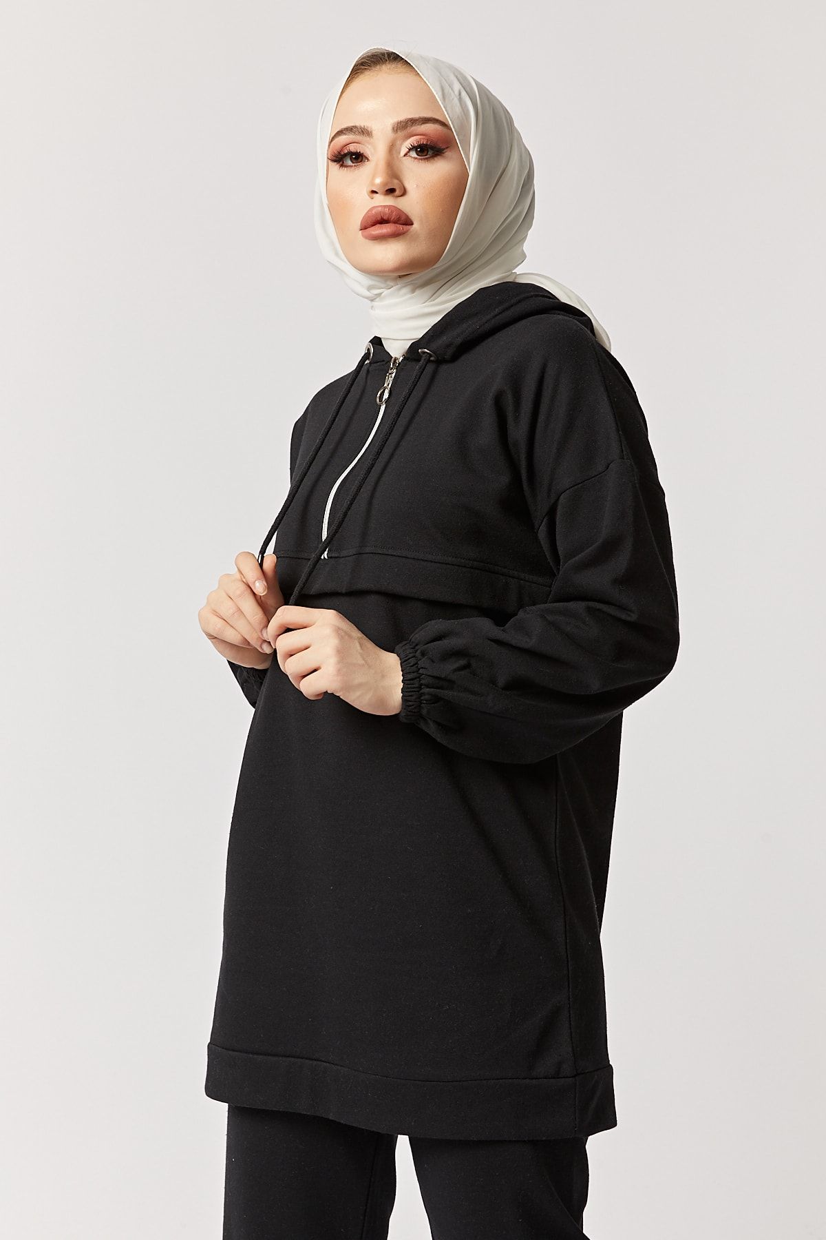festmoda-بدلة رياضية مزدوجة نصف سحاب للسيدات باللون الأسود 6