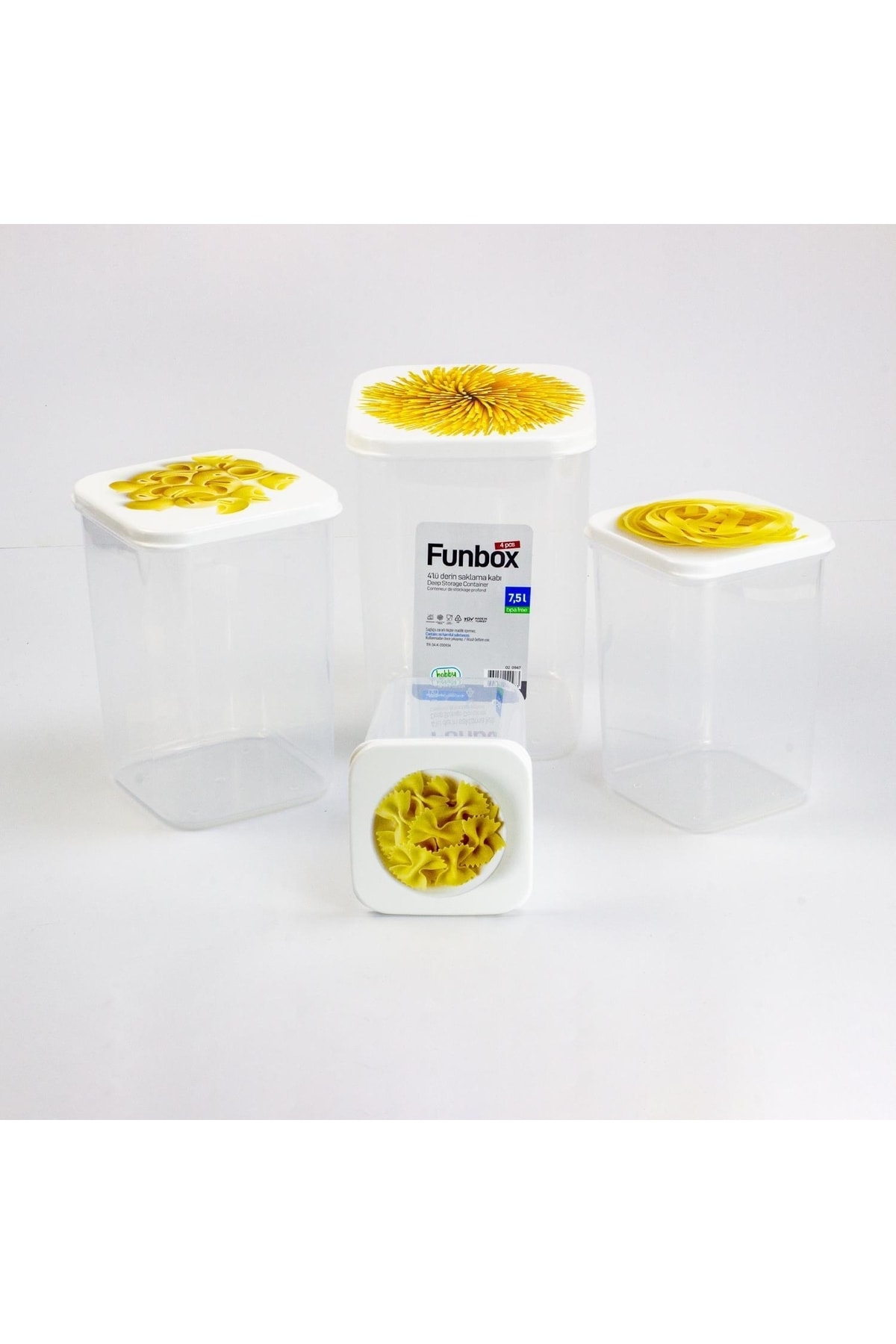 4'lü Uzun Funbox Saklama Kabı (0,9+1,4+2,1+3,1 Lt) Makarna Desenli — görsel 1