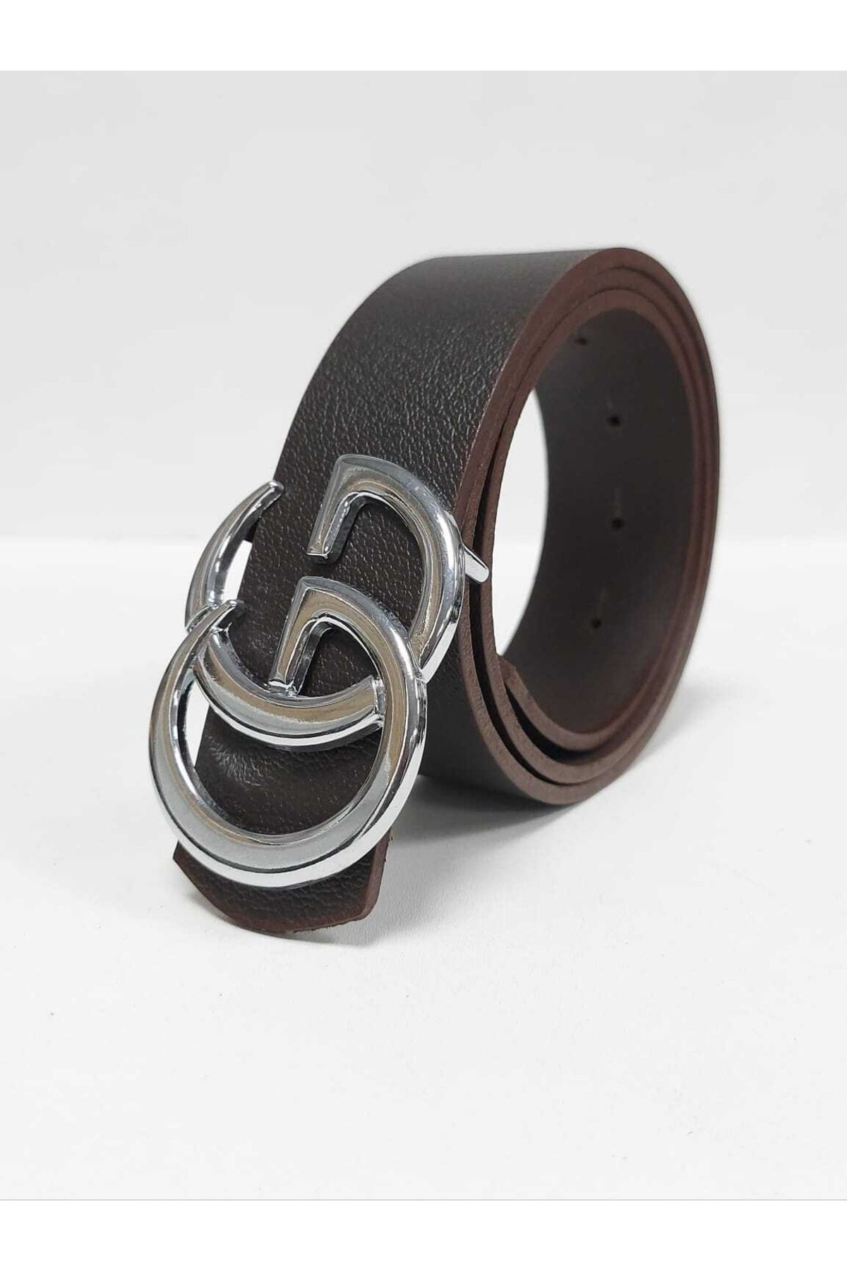 Leather belt with double g buckle silver hotsell