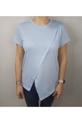Kadın Mavi Yuvarlak Yaka Kısa Kollu Tişört Eteği Asimetrik K-003