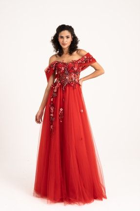 Kırmızı Üç Boyutlu Dantelli Abiye Gece Elbisesi 5LM2021TRA001