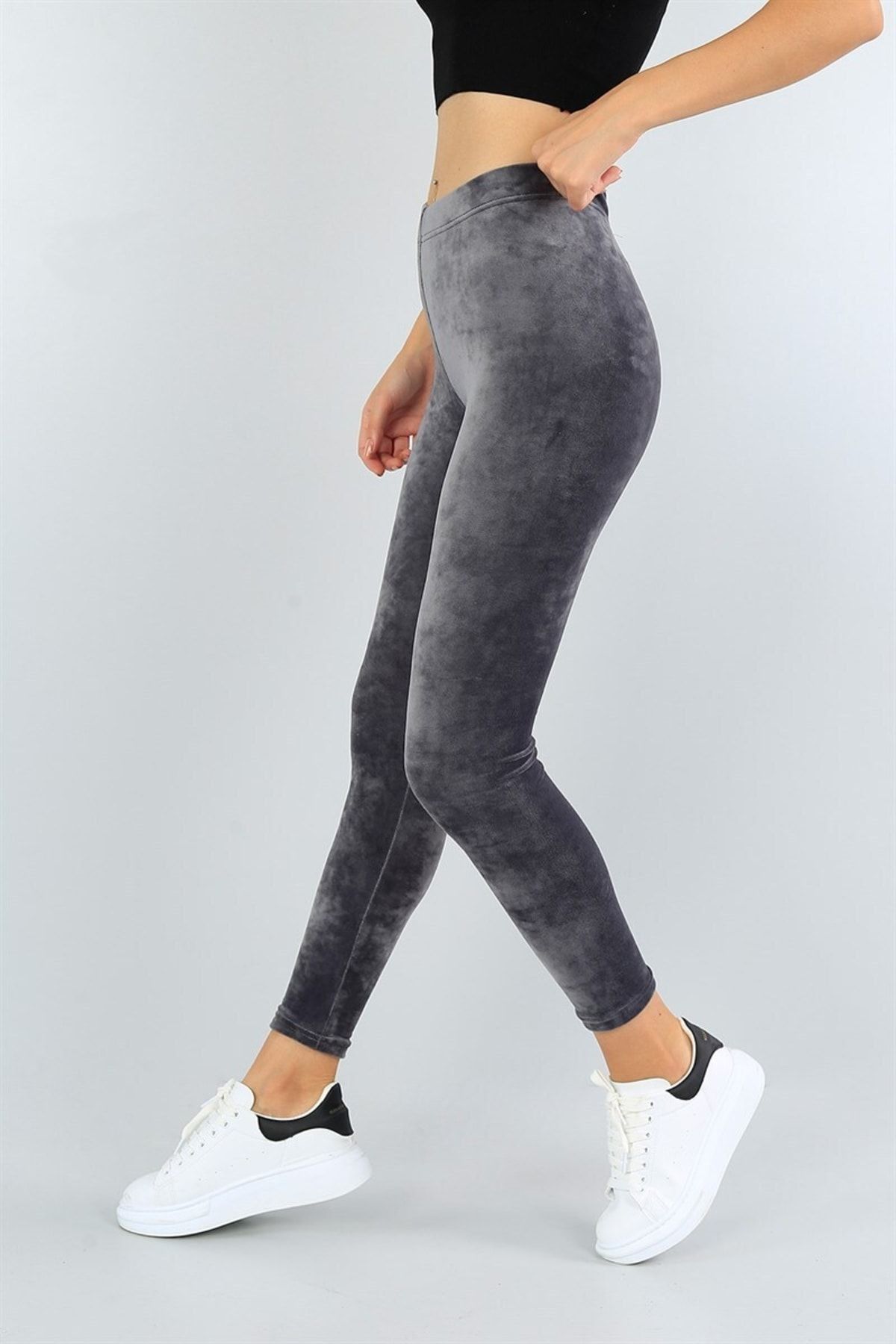 MB MODA B Z MLE Women s Gray Anthracite High Waist Velvet Leggings Trendyol