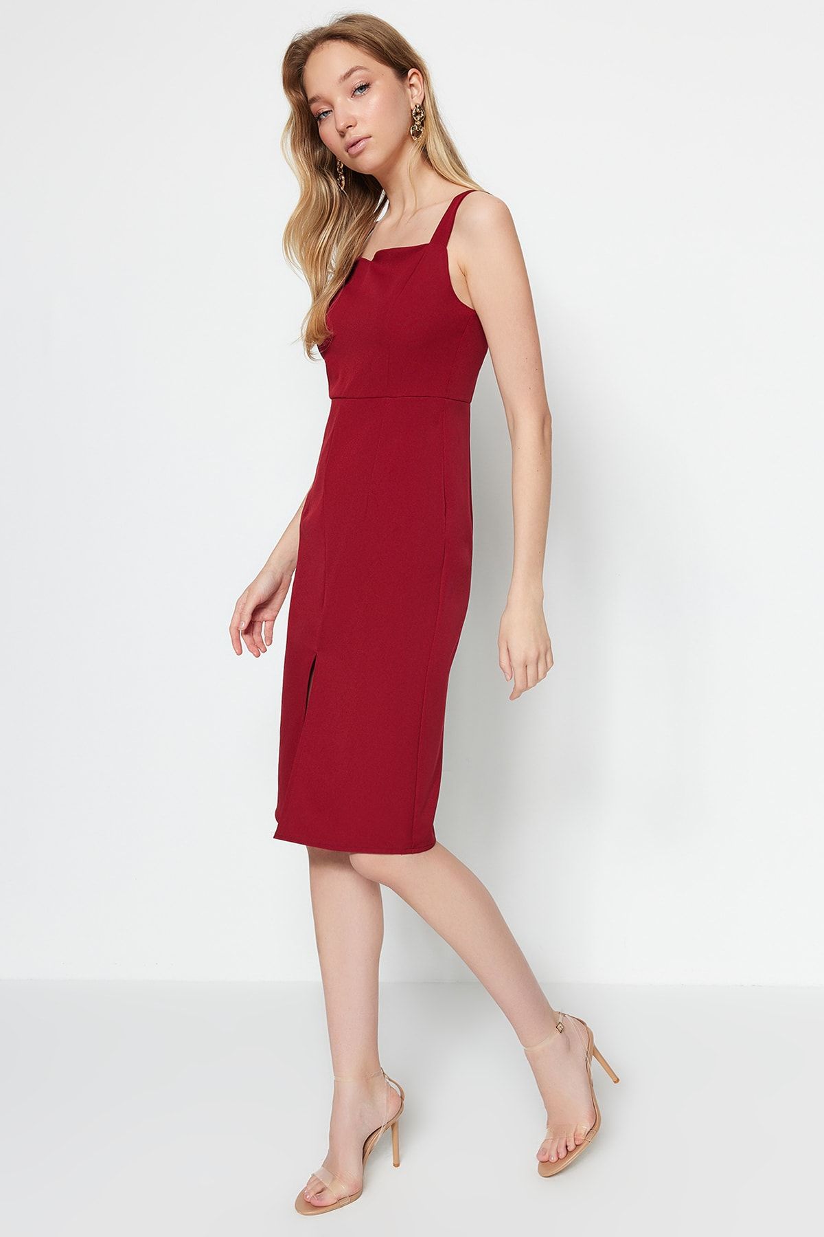 Trendyol Collection-Burgundowa sukienka midi na ramiączkach - Spódnica ołówkowa z rozcięciem TWOSS19BB0216 3