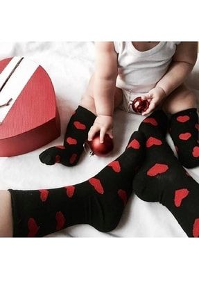 Anne Kız Siyah Zemin Kalp Desenli Çorap Kombin Takım ASAKALPT01