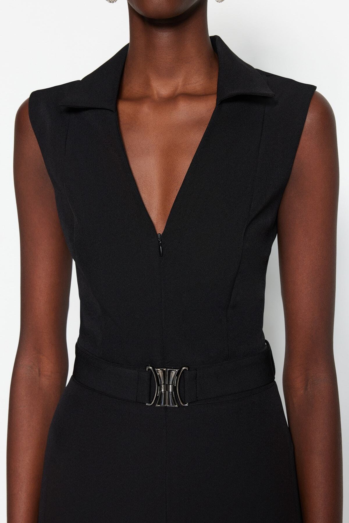 Trendyol Collection-Black Belted Shirt Collar Maxi Woven Jumpsuit TWOSS23TU00079 4