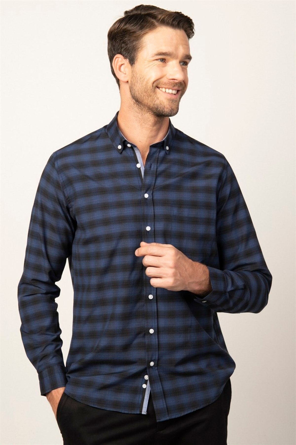 Dark blue sales plaid shirt mens