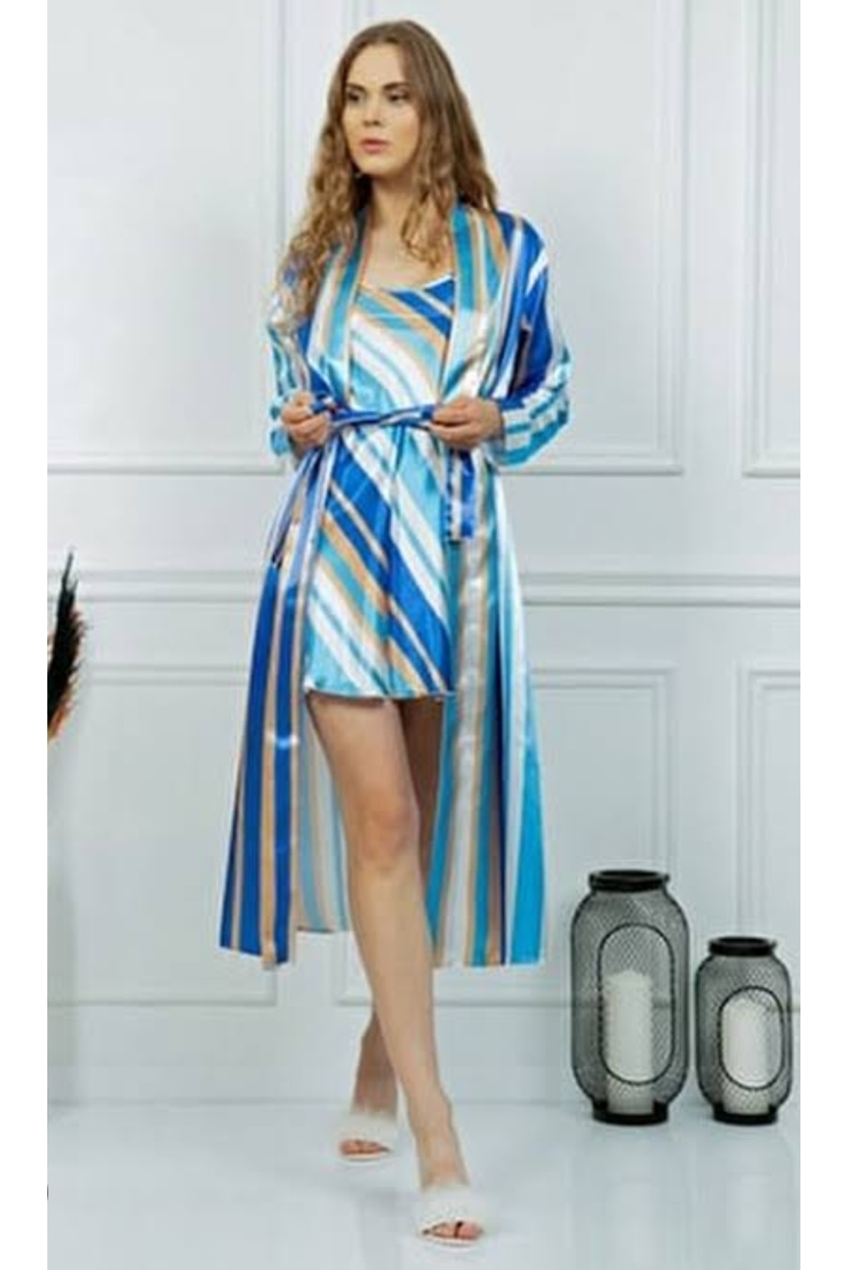 BERAT YÜCEL Saten Mavi Cizgili 2li Gecelik Sabahlık Takım