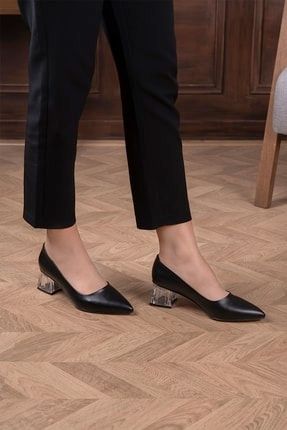 Siyah Mat Cilt Şeffaf Blok Topuk Stiletto Ayakkabı 4002-63