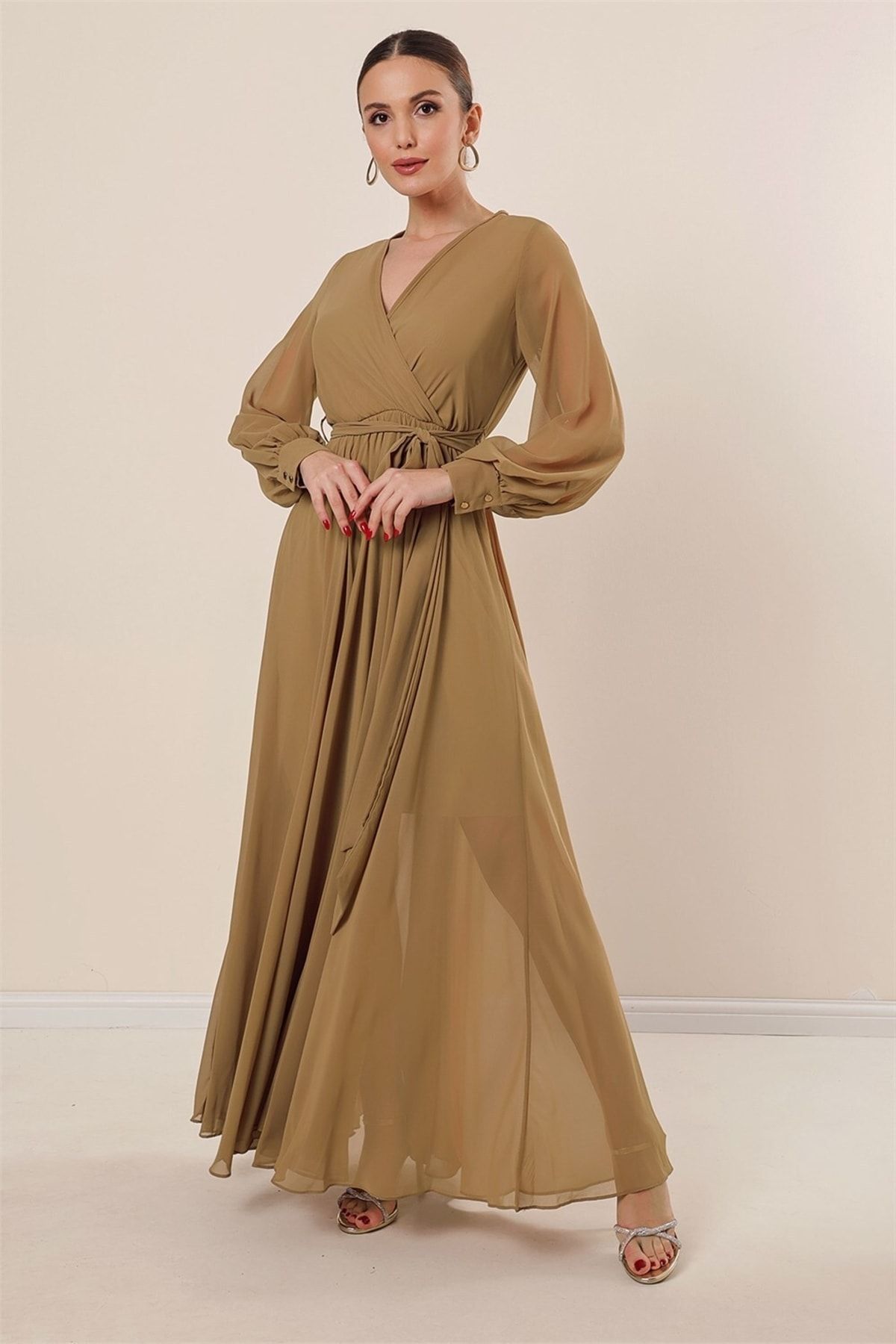 By Sayg Double Breasted Neck Long Sleeve Lined Chiffon Long Dress