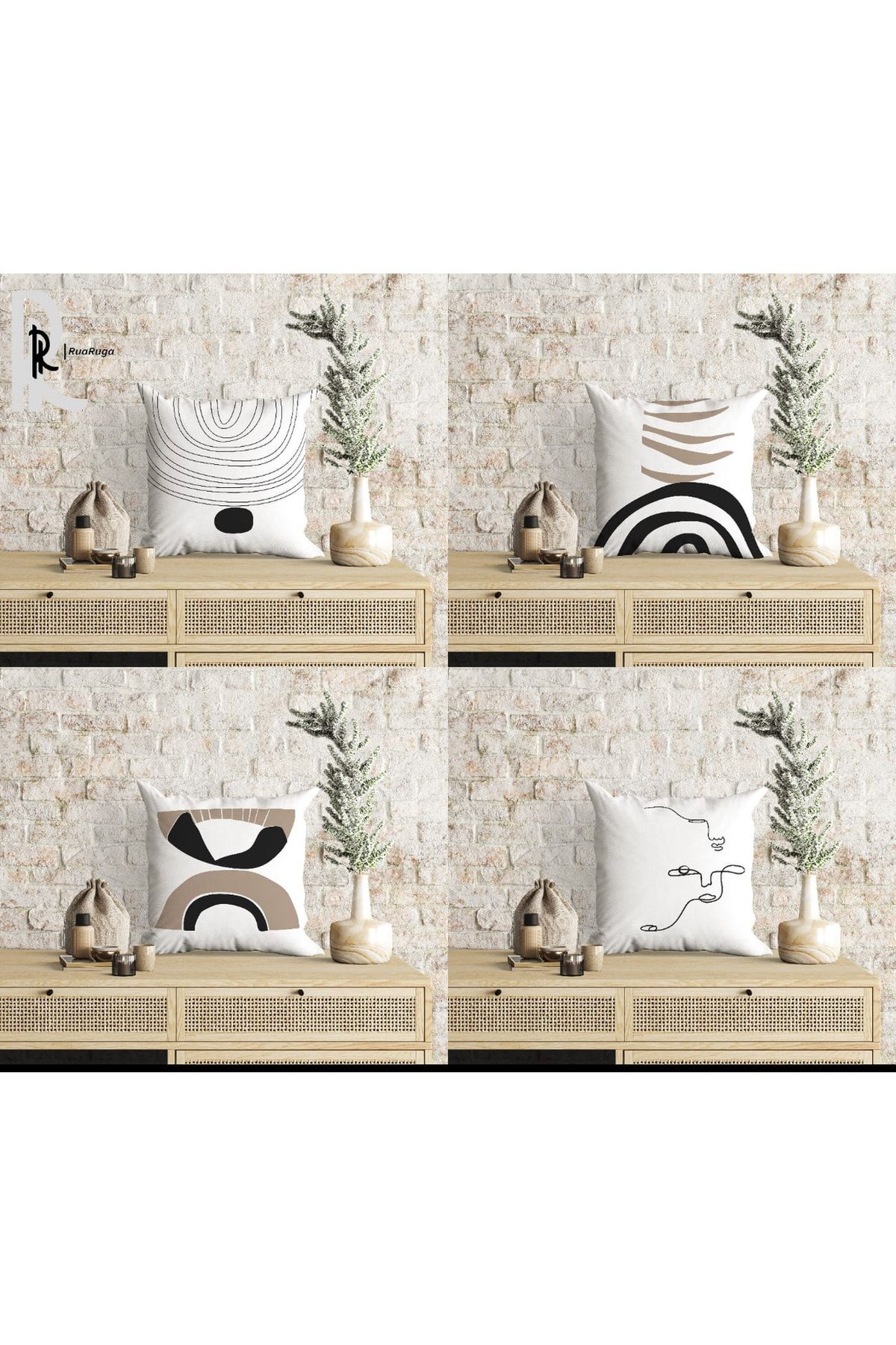 RuaRuga Baskılı Minimalist Desenli 4'lü Süet Kırlent Kılıfı