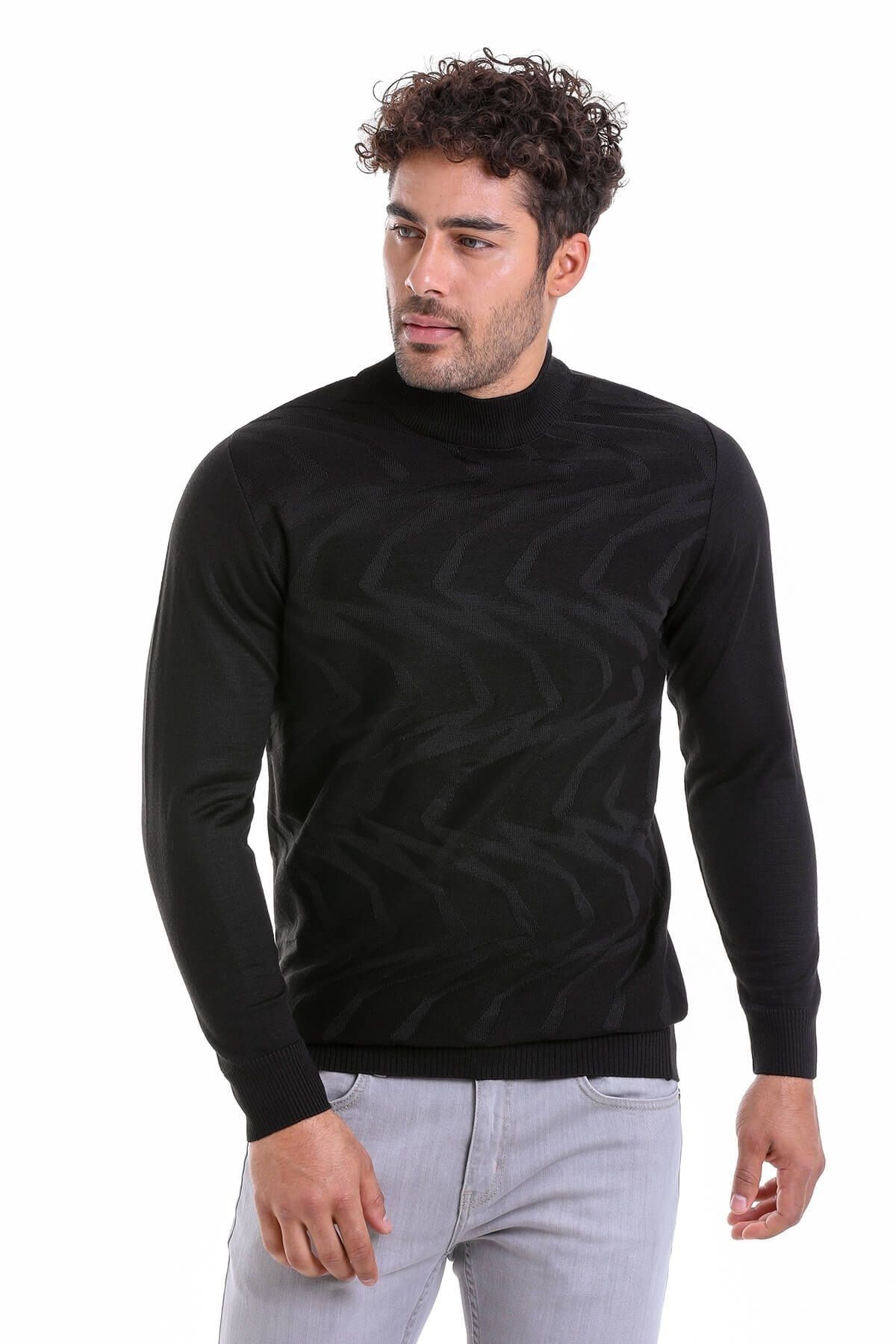 ژاکت پشمی نیم یقه یقه اسکی ژاکارد فیت مشکی Comfort Fit Hatemoğlu