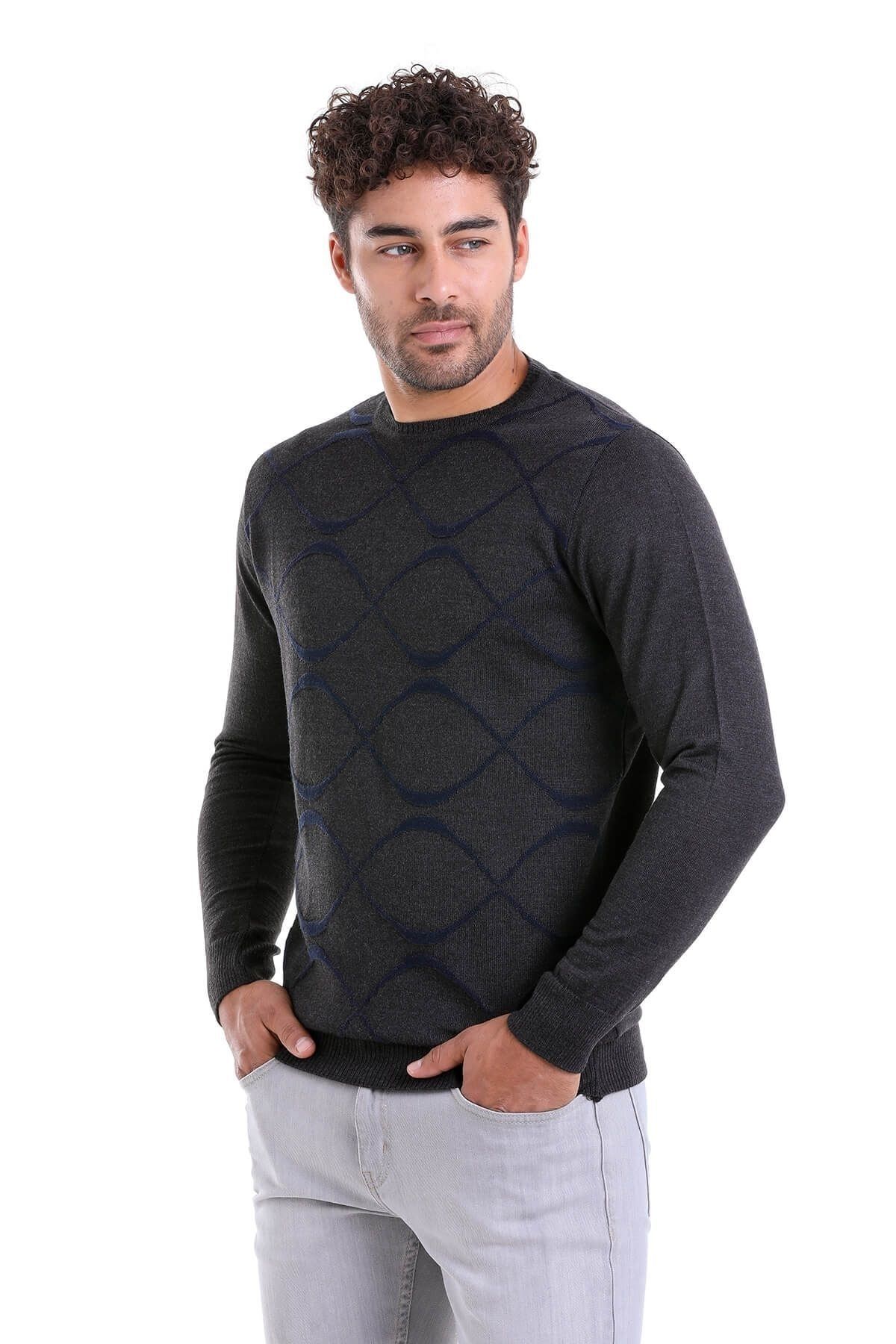 ژاکت یقه پشمی آنتراسیت Comfort Fit Jacquard Hatemoğlu