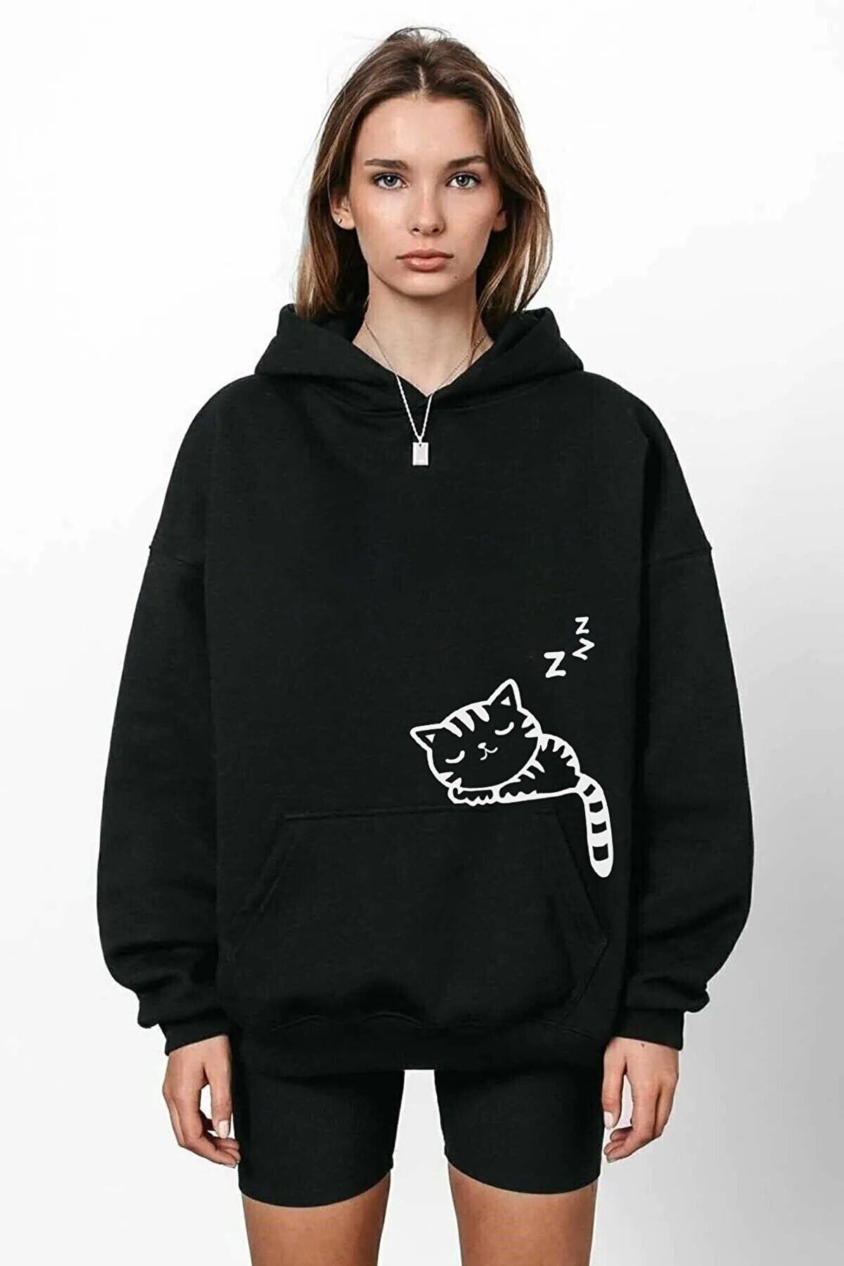 3D Kalite Cat Printed Black Hooded Oversize Hoodie Sweatshirt