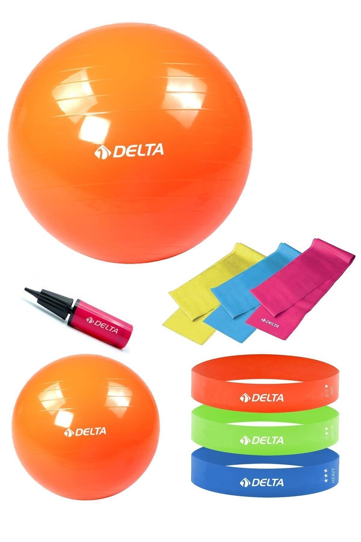 Delta 65-20 Cm Pilates Topu 3'lü Pilates Bandı 3'lü Squat Bandı Direnç Lastiği Şişirme Pompası Seti