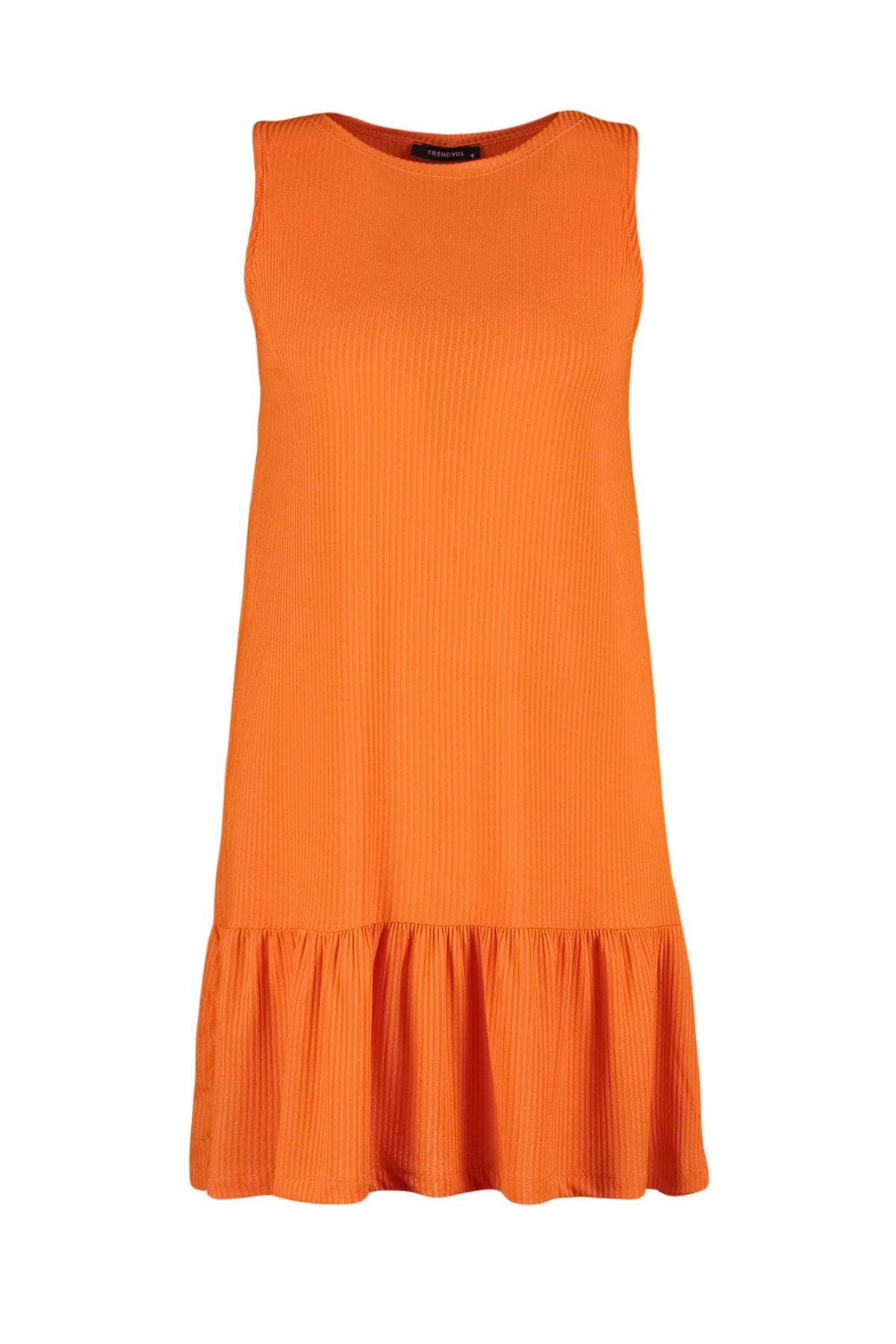 Trendyol Collection-Orangefarbenes Etuikleid mit Volants und geradem, geripptem Mini-Strickkleid mit Nullärmeln TWOSS22EL0794 7