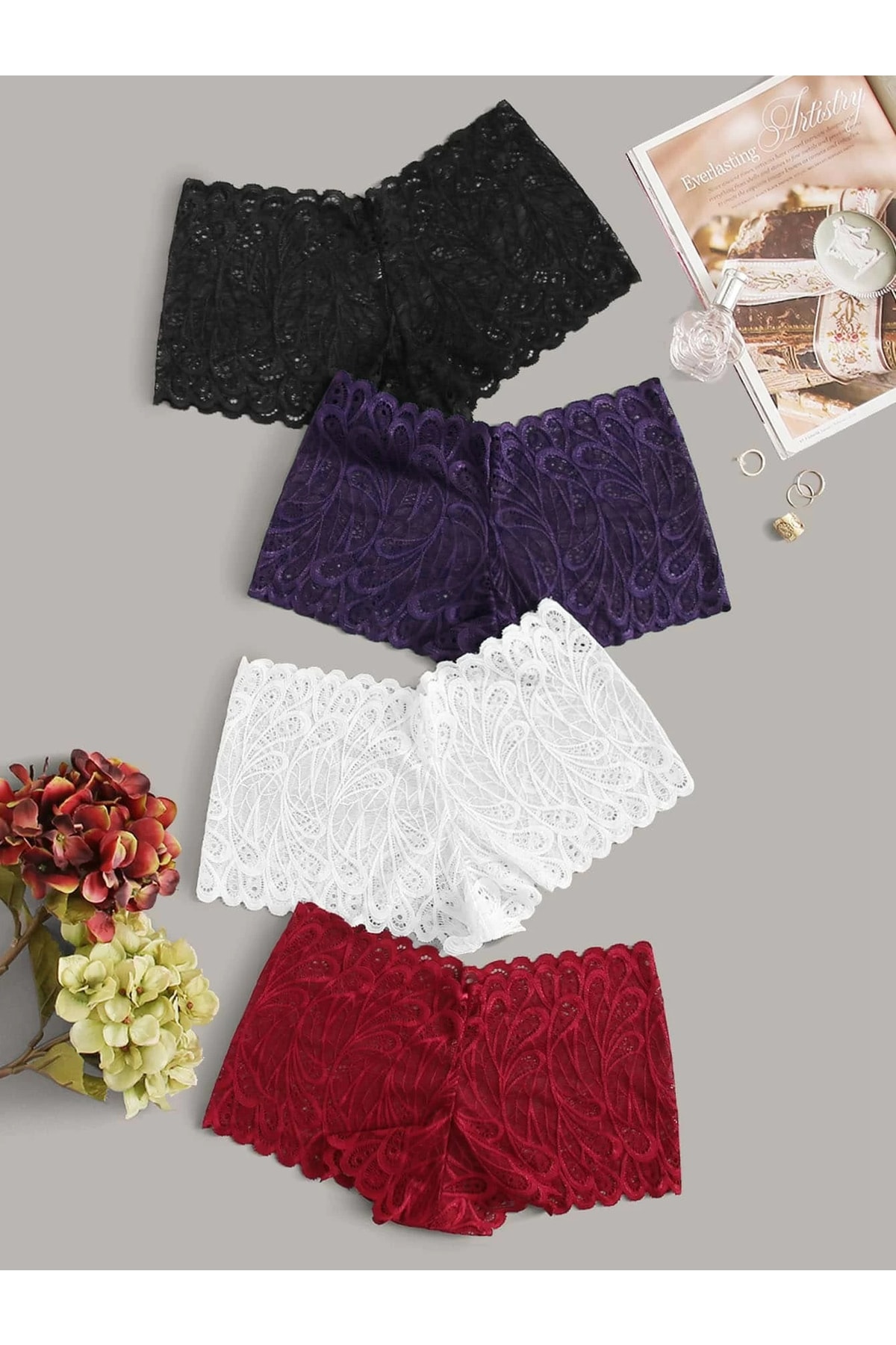 Fancy&Dancy Kadın Siyah Beyaz Kırmızı Mor 4'lü Dantel Boxer Külot