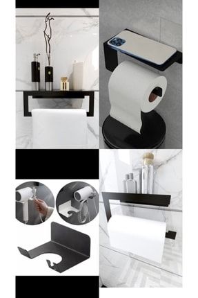 4' Lü Set Tuvalet Kağıtlığı Ve Havlu Askısı Fön Makinesi Tutacağı Rulo Peçetelik Havluluk Set 4'lü siyahset4lü01